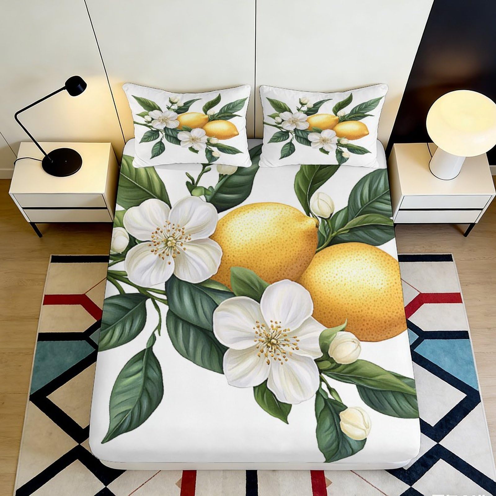 3D Printed Lemon Blossom Fitted Sheet Microfiber Soft Botanical Bed Cover for Bedroom Guest Room Mattress Protection 90x200x25cm