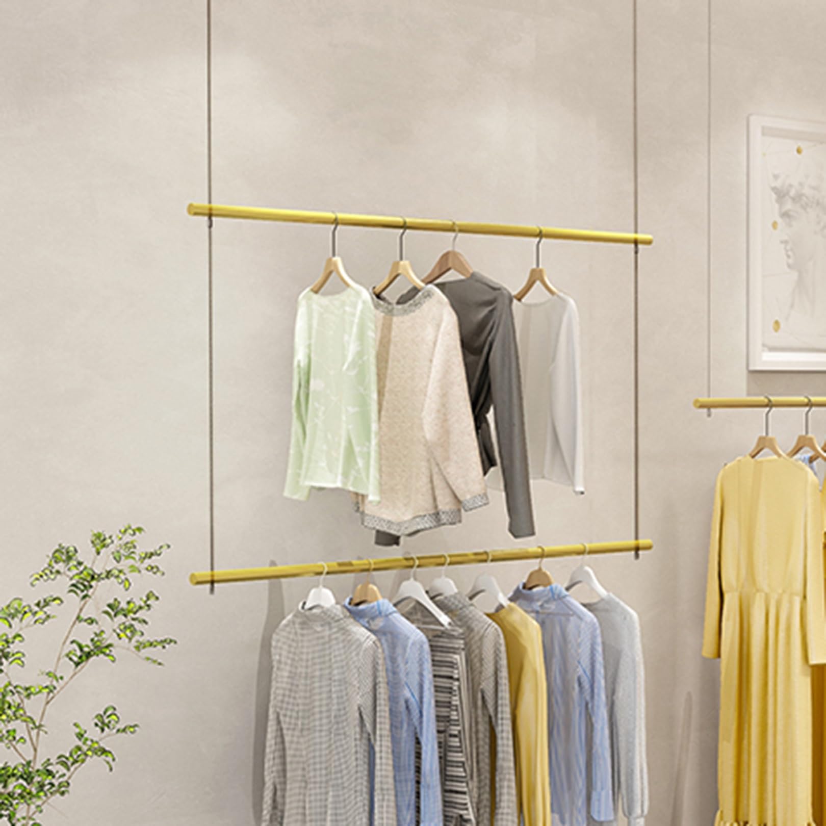 DETMOL Height-adjustable, ceiling-mounted clothes rack – clothes rail for retail, commercial use, bedroom organization, space-saving hanging clothes rack, ideal for shopping centers and stores