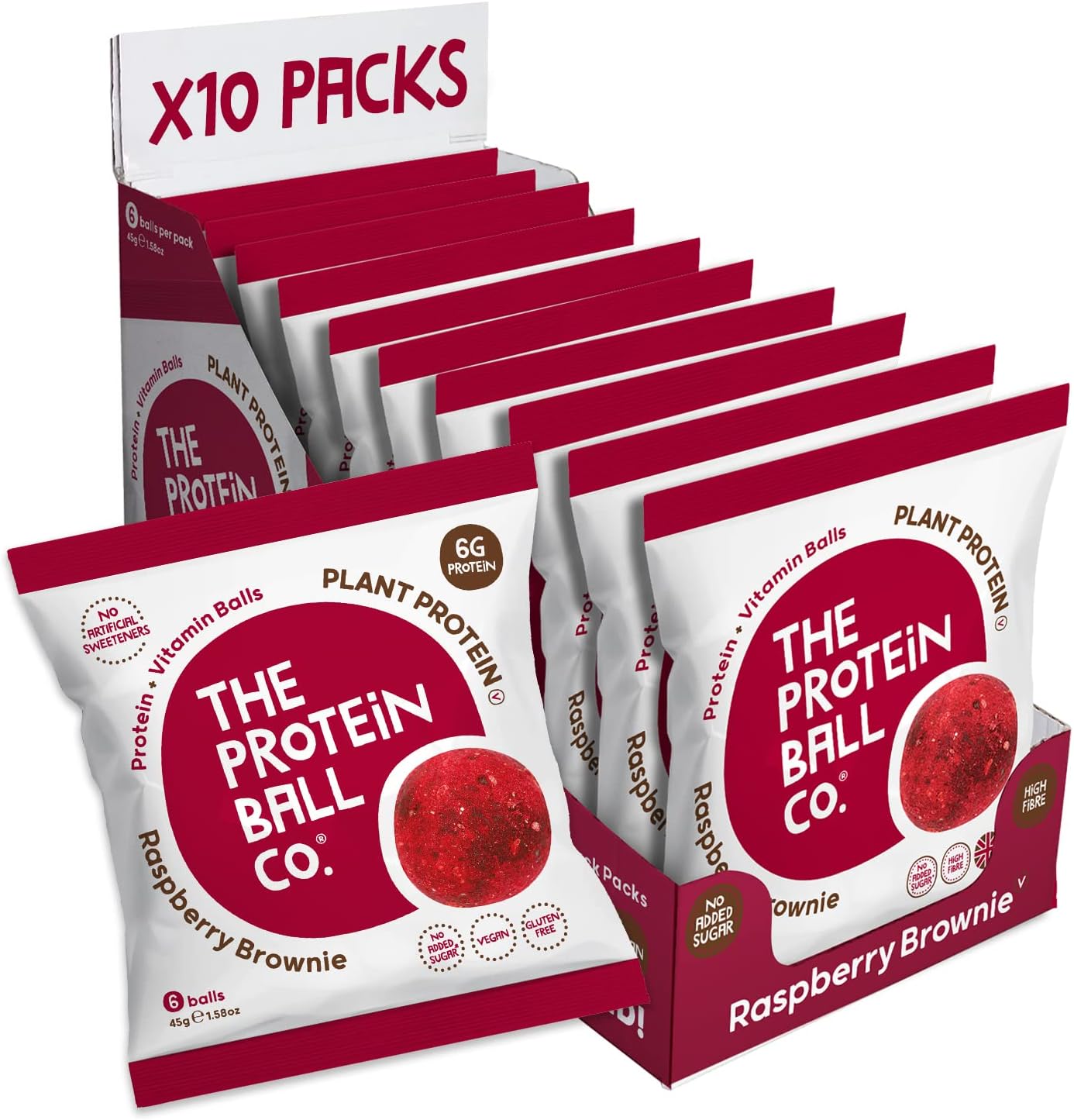Protein Balls Raspberry Brownie Flavour by The Protein Ball Co - 100% Natural, Plant Based, Vitamin Enriched, Protein Snacks - 10 x 45g Bags - High Fibre, Gluten Free, No Artificial Sweeteners