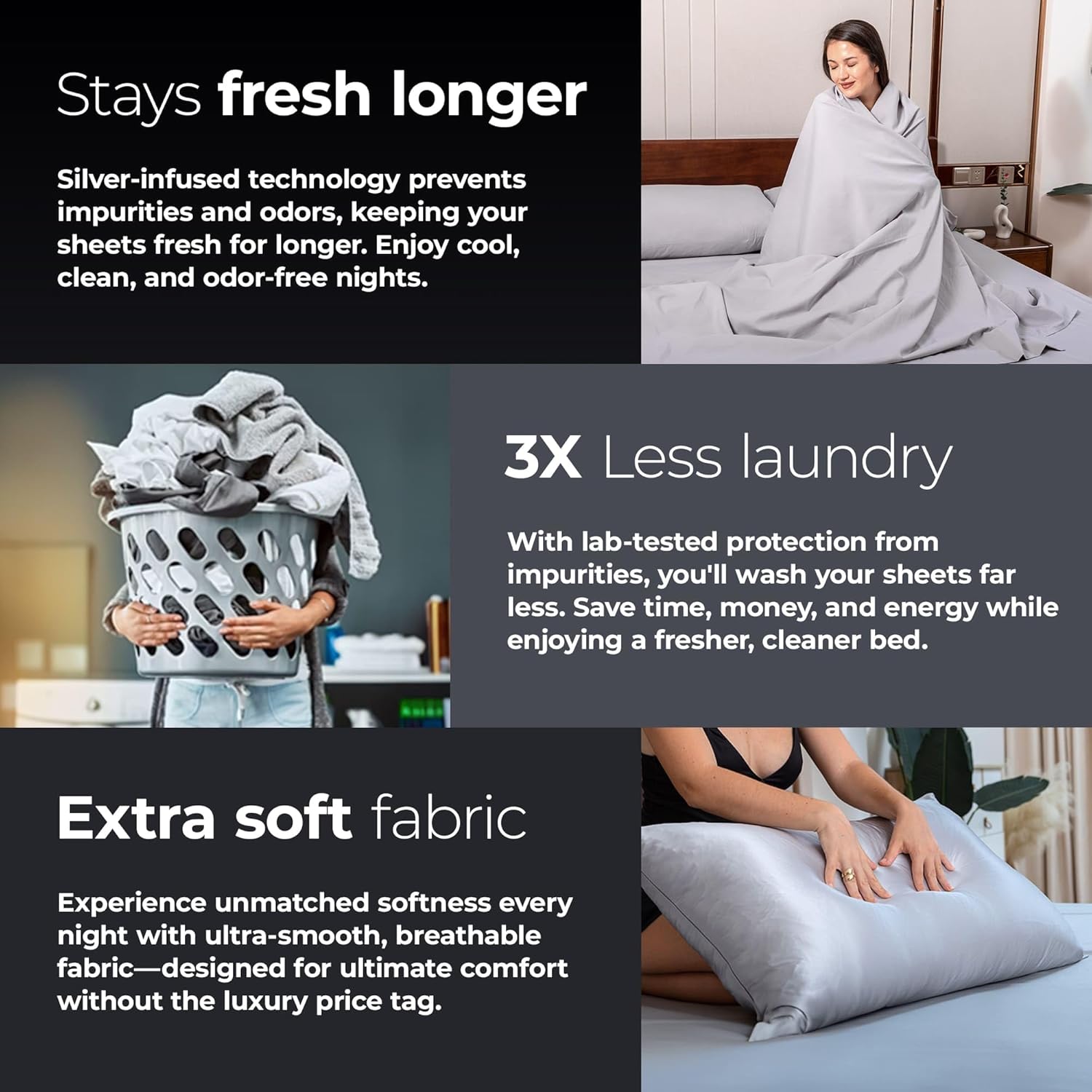Silvery Silver Infused Bed Sheets Set - Ultra-Soft Temperature-Regulating Fabric with Self-Cleaning Technology™ That Stays Fresh 3X Longer for Hygienic Sleep (Gray, Queen) - Image 5