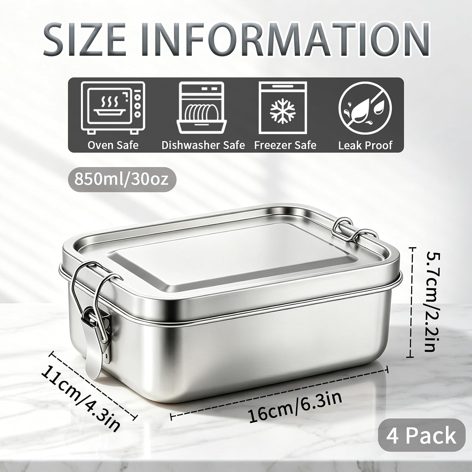 4Pcs Stainless Steel Bento Lunch Box, Metal Food Containers, 850ml image 3
