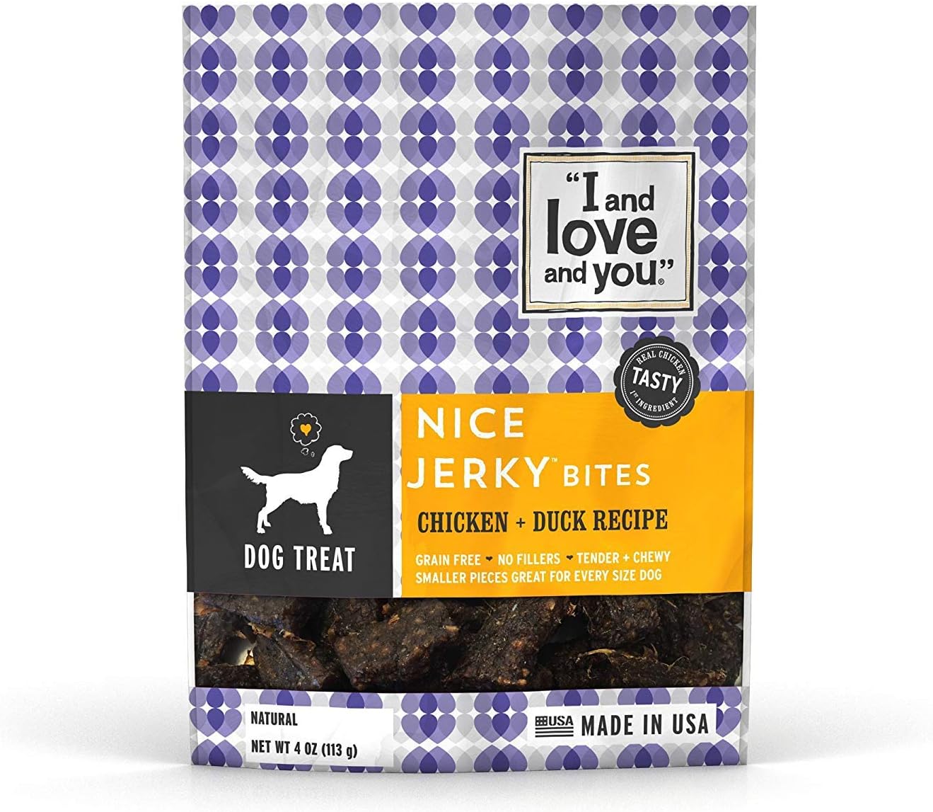 I and Love and You Nice Jerky Bites - Grain Free Dog Treats, Chicken + Duck, Pack of 6 (4 oz Bags)