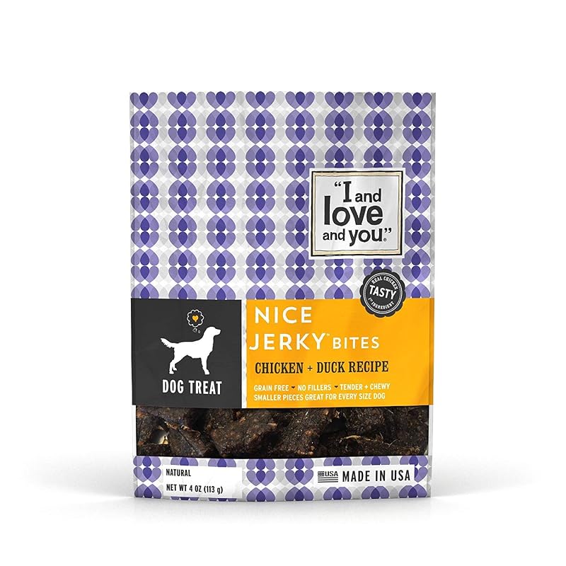 Petisco de carne seca para cães I AND LOVE AND YOU Nice Jerky Bites, Frango + Pato, Pacote com 6 sacos de 113 g