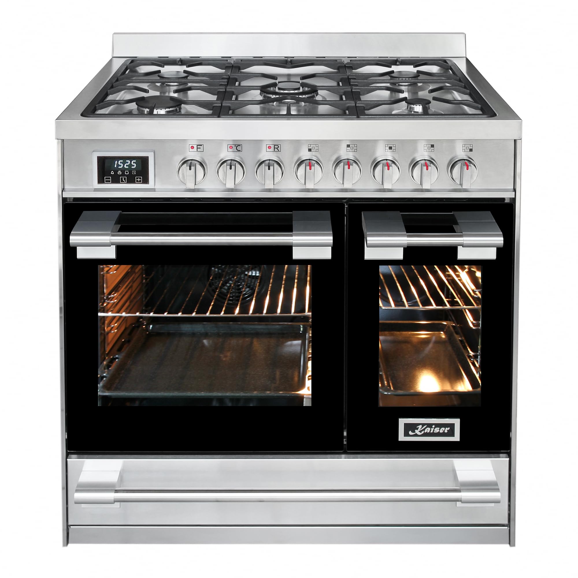 Kaiser HGE 93201 R Cuisinière en Acier Inoxydable de Qualité Supérieure avec Double Four Électrique, 115 L, Range Coocker 90 cm, 8 Fonctions, 5 Brûleurs à Gaz 3,7 kW, pour WOK Gaz Naturel