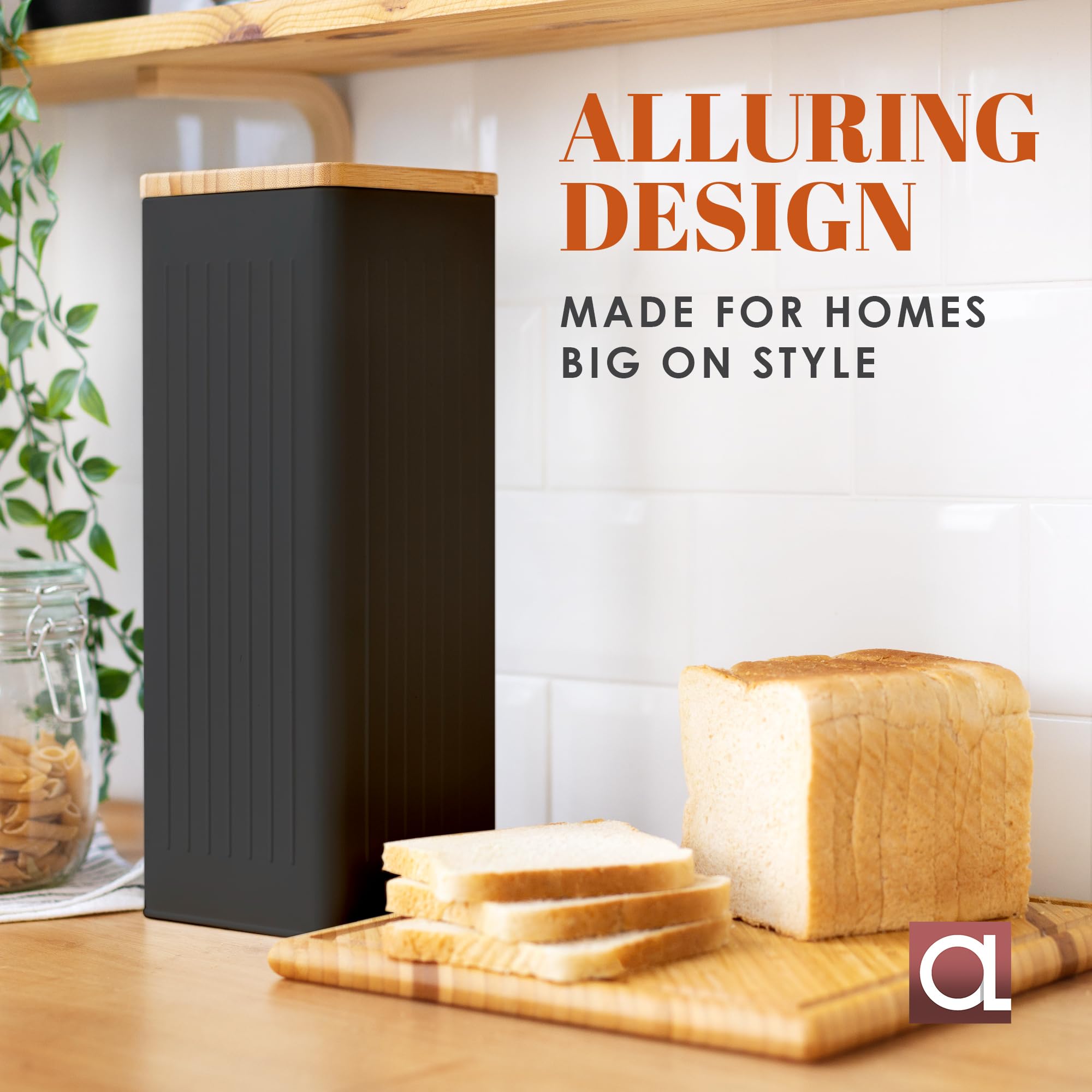 Apace Living FRESHSLICE - Panera 2.0 | Panera con tapa hermética | Panera de metal con tapa de bambú para pan casero, 5 litros (negro clásico)