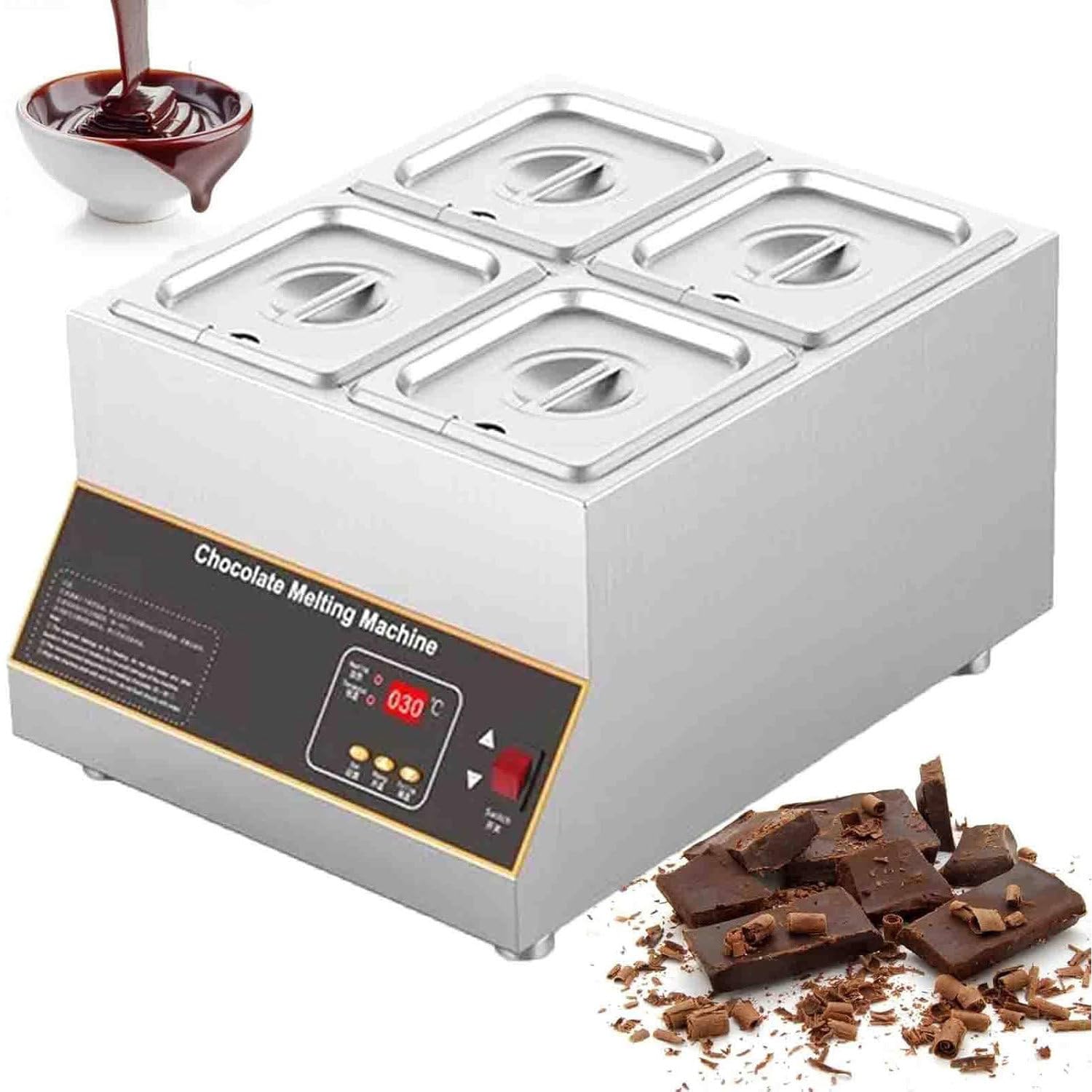 ASerZenith Chocolate Melting Machine, Commercial Chocolate Tempering And Melting Pot, Stainless Steel Warmer For 12Kg Chocolate,4Tank