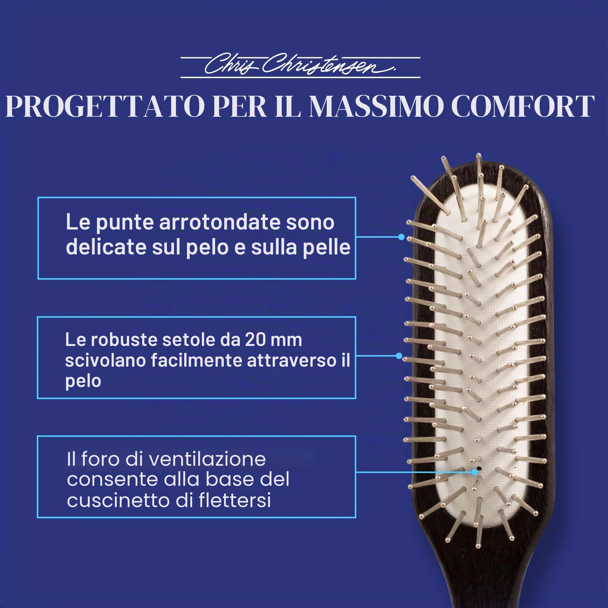 Chris Christensen Spazzola per cani da 20 mm, spazzola per cani, spazzola speciale per lo sposo come un professionista, rimuove tappetini e grovigli, perni arrotondati e con messa a terra, non tira il