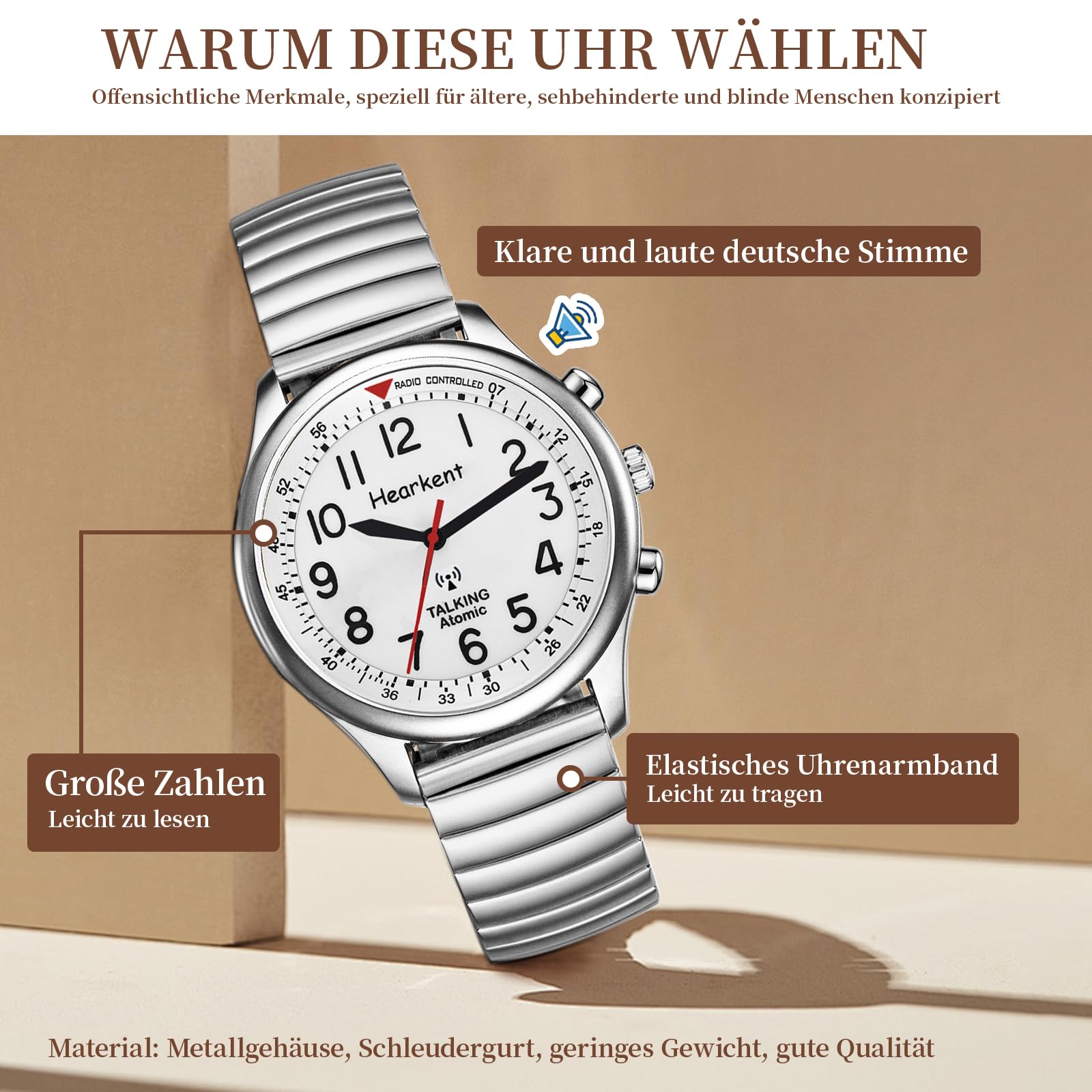 Hearkent Orologio parlante da donna per anziani ciechi con disabilità visiva, voce forte e chiara, parla tedesco, argento, Bracciale