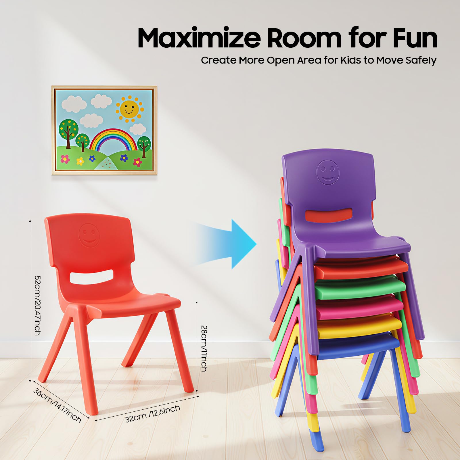 6 sillas escolares apilables de 36 x 32 x 52 cm, con diseño apilable y respaldo ergonómico, sillas de plástico resistentes para aulas, guarderías