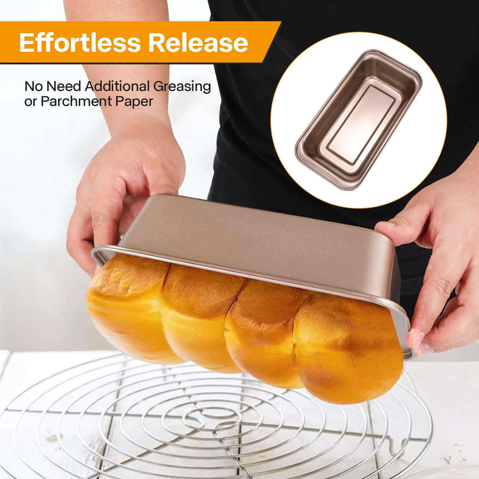 Paquete de 2 moldes multifuncionales dorados de 10 pulgadas, antiadherentes, largos, diseño de almacenamiento apilable, bandeja rectangular para hornear pan de plátano casero y sándwiches