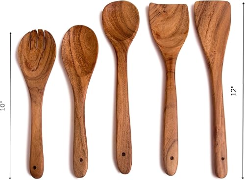 Miniatura 3 de Juego de 5 cucharas antiadherentes de madera de acacia para cocinar, utensilios de cocina de madera, cuchara, tenedor y volteador, cucharón y