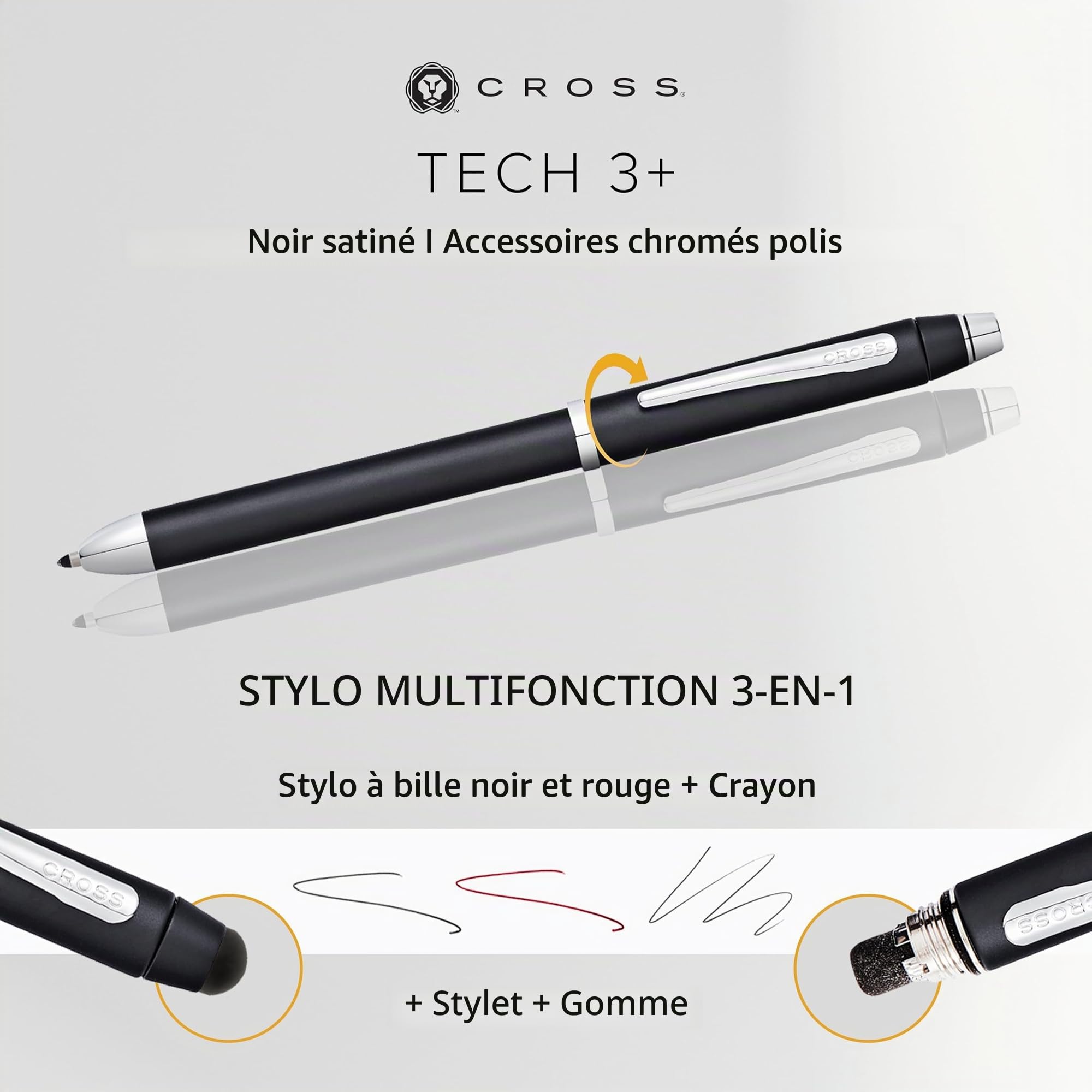 Cross Tech3 Stylo + Stylet Multifonctions Noir Satin/Attributs chromés