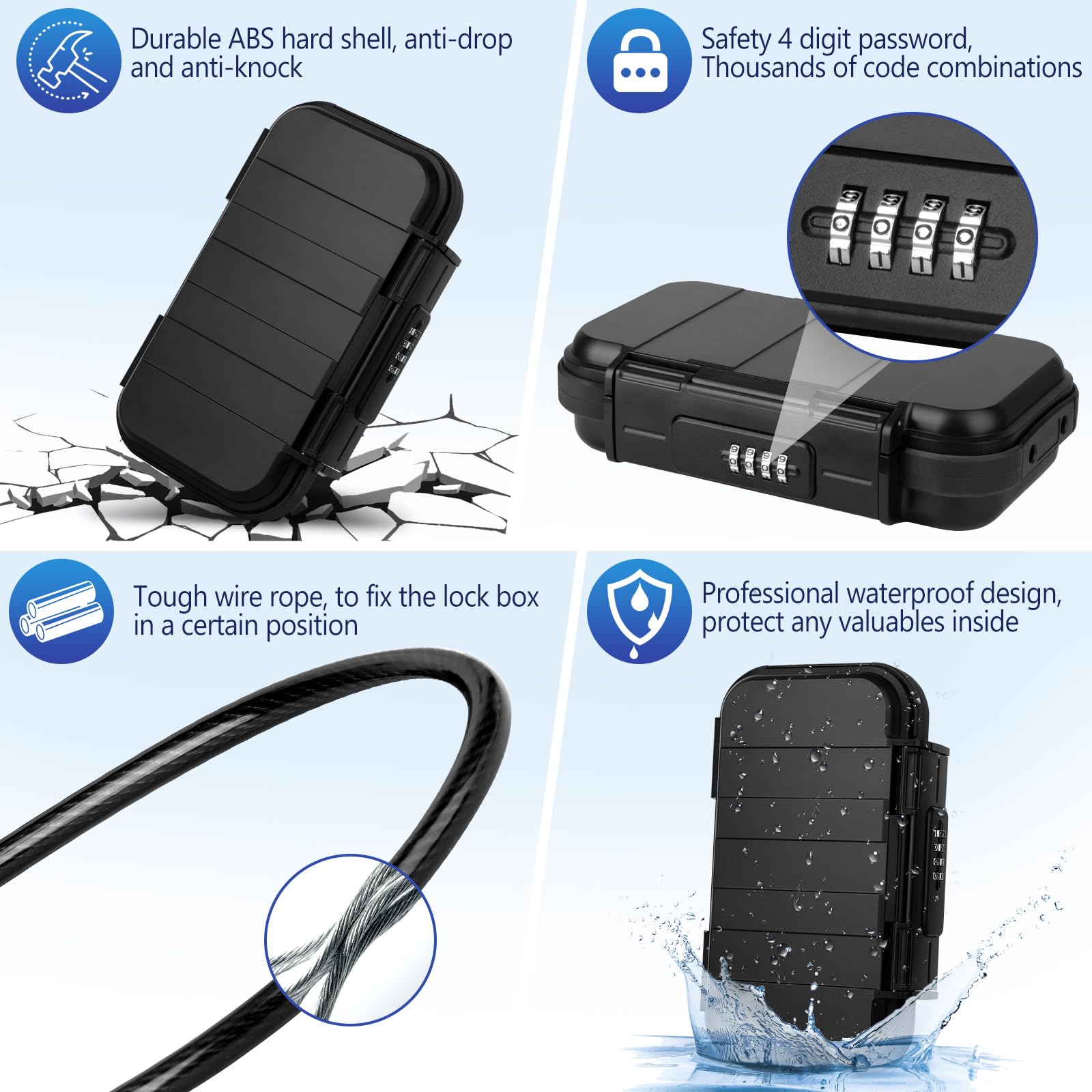 ORIA Portable Security Lock Box with Code Combination Safety Case Lock Box Waterproof Anti-Theft Mini Travel Safe with Removable Wire Rope Security Safe Box for Home Office Hotel Cars Travel