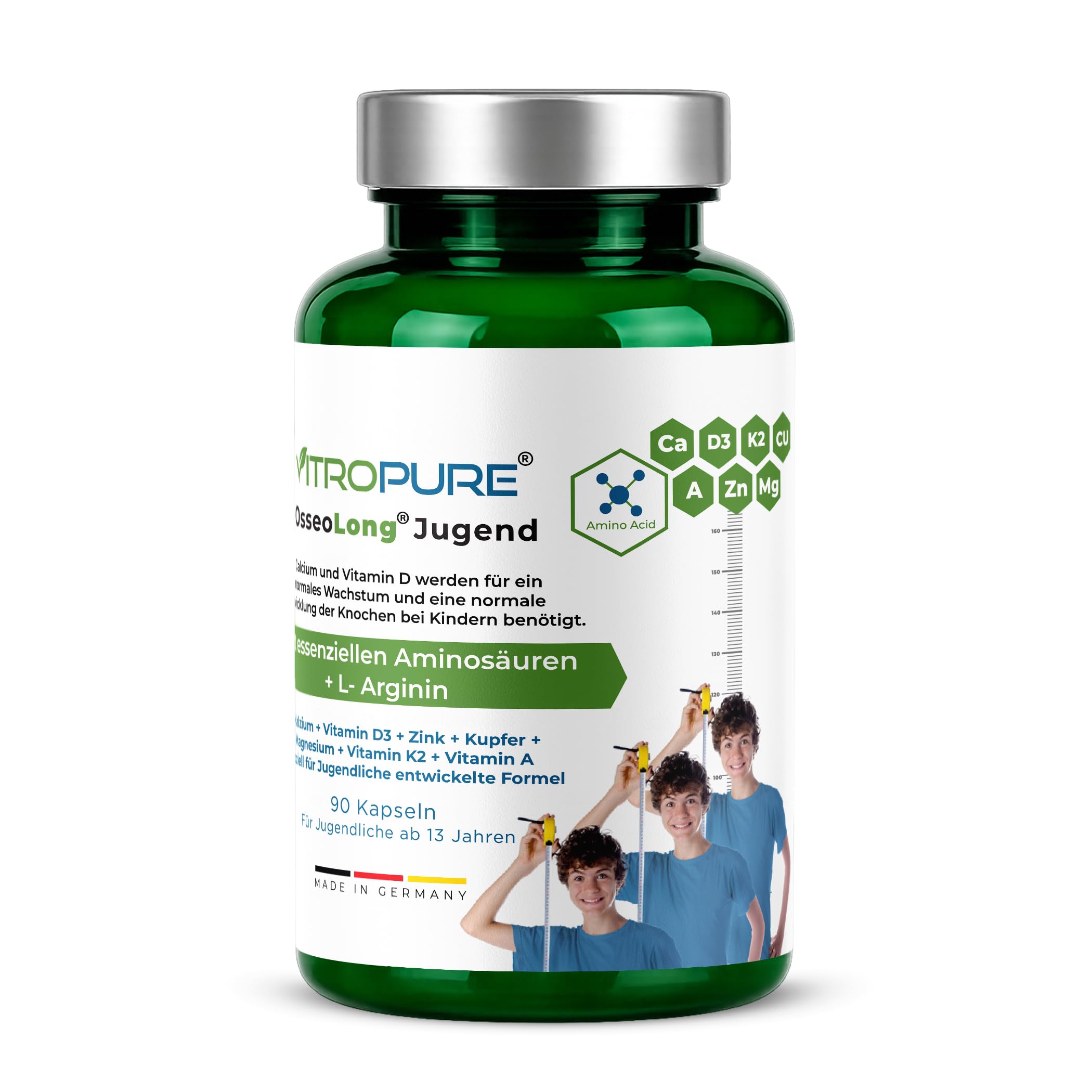OsseoLong® Jugend: Einzigartige Kombination L-Arginin + verzweigtkettiger Aminosäuren (BCAAs), Kalzium, Vitamin D3, Zink und Magnesium für die Knochenentwicklung (Kapsel)