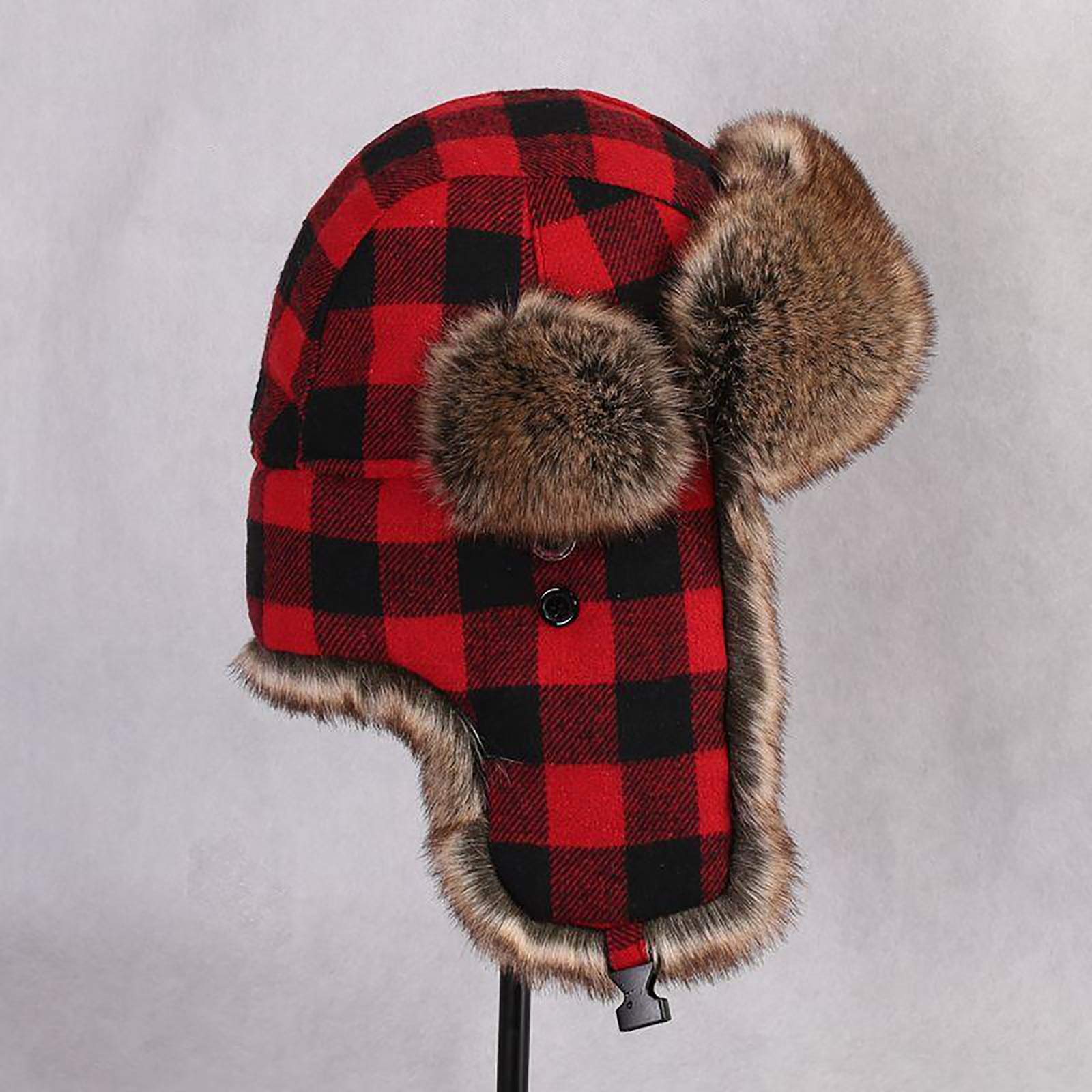 Cappelli Invernali, Cappello Unisex in Lana a Quadri Cappello con paraorecchie in Pelliccia Sintetica Cappello Invernale all'aperto Sci Neve Caldo Spesso Foderato(Red-62cm)