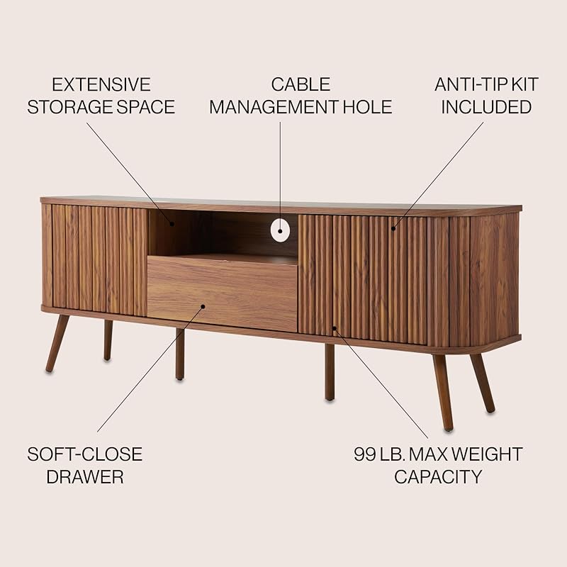 JONATHAN Y Damien 70" Curved Fluted TV Stand for TVs Up to 75", Walnut image 4