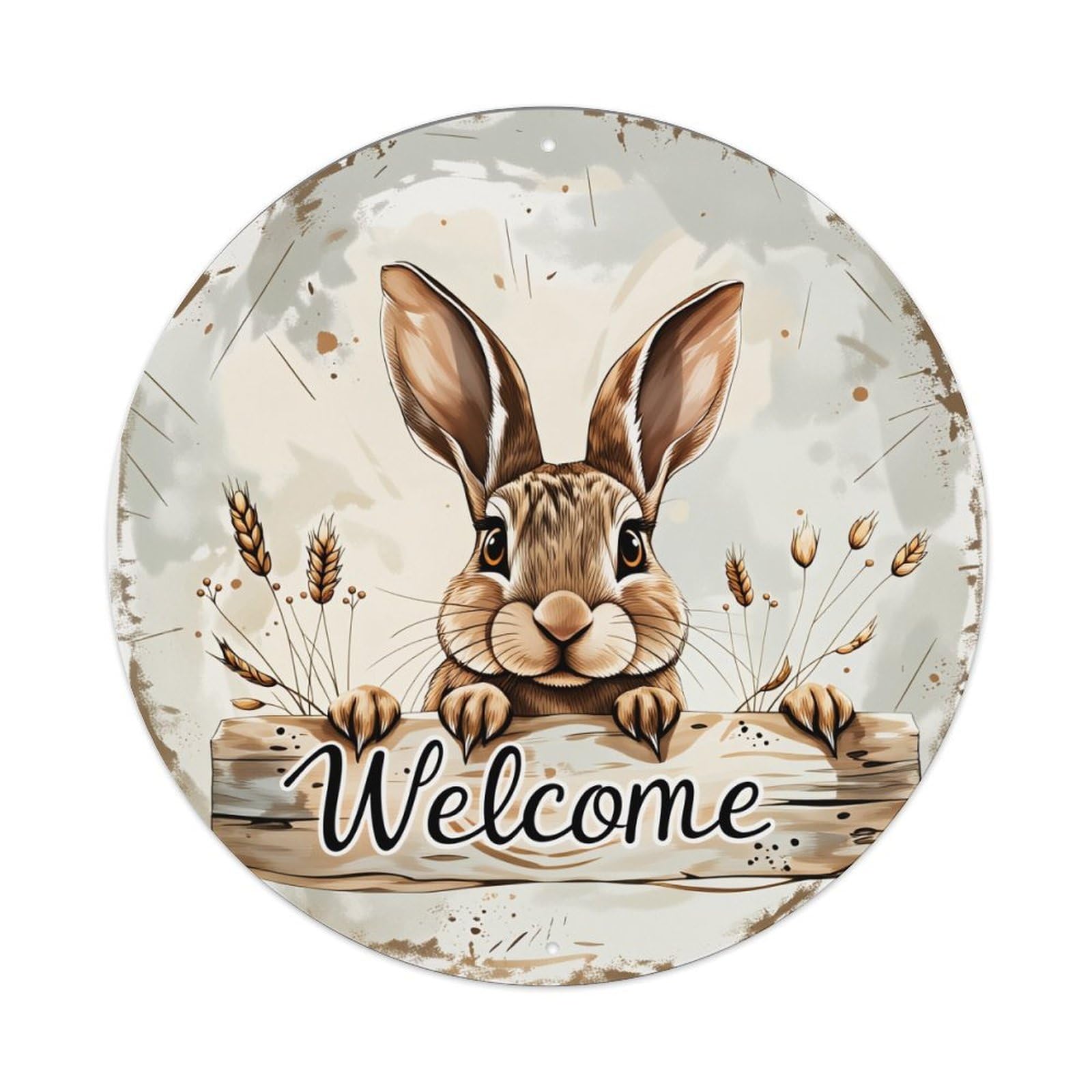 Rabbit Holding Welcome Sign With Wheat Stalks Round Vintage Tin Sign,Retro Wall Art,Metal Poster for Home, Bar, Garage, Cafe, Rustic Indoor & Outdoor Decor, 8x8 Inches