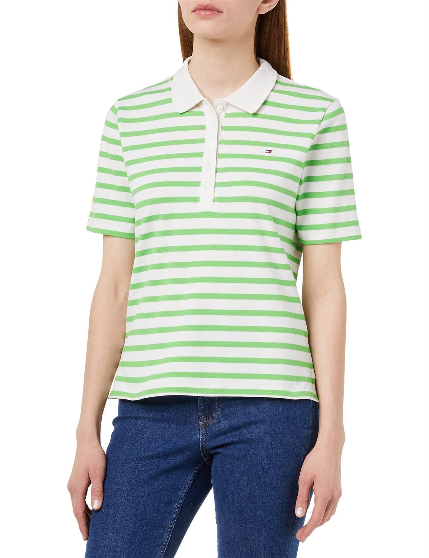 Tommy Hilfiger Damen Poloshirt Kurzarm 1985 Pique Stripe Polo Regular Fit, Weiß (Breton Stripes W White/Spring Lime), L