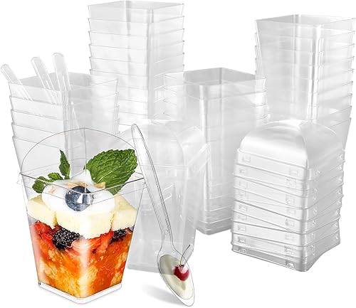 LISHINE Paquete de 100 tazas de postre de plástico de 5 onzas con tapas y cucharas, tazas de yogur para parfait con tapas, tazas desechables para