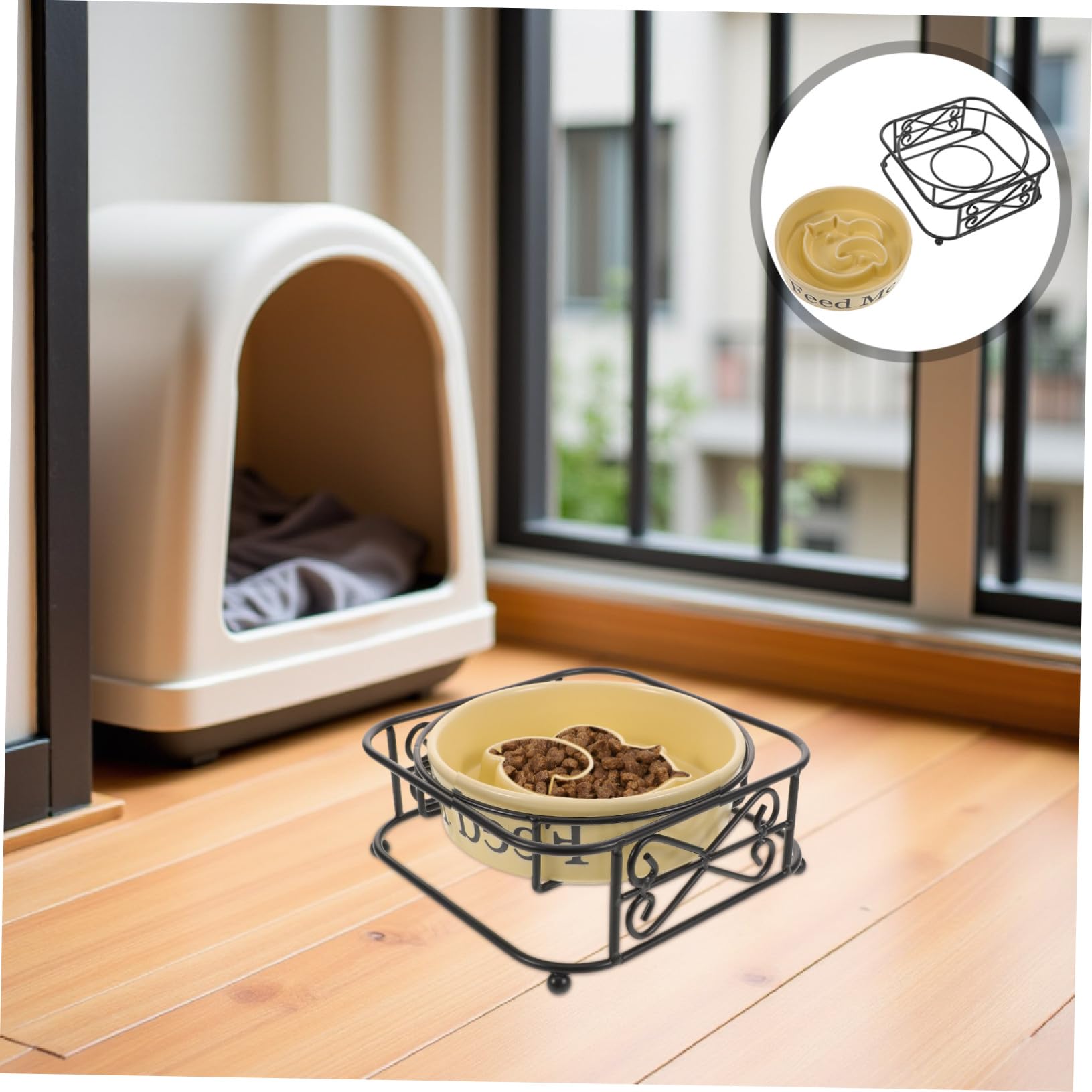 GANAZONO Ciotola Lenta in Ceramica per Cani e Gatti Rialzata con Supporto in Ferro Ciotola Anti-ingozzamento per Cibo Secco e Umido Adatta Cuccioli e Gattini Facile da Pulire e Design
