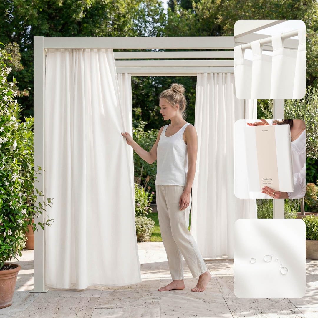 ROOM99 Garden Line Outdoor Curtain with Loops, 155 x 220 cm Width x Height Outdoor Curtain, Weatherproof, Waterproof Privacy Screen, Sun Protection Curtains, Garden, Windproof, Ecru