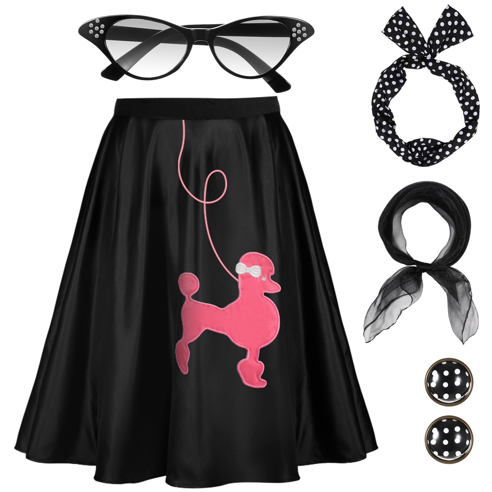 Hicarer 5 Pcs 50s Women Halloween Costume 1950 Poodle Skirt Sock Hop Accessory Outfit Scarf Glasses Bandana Headband Earring