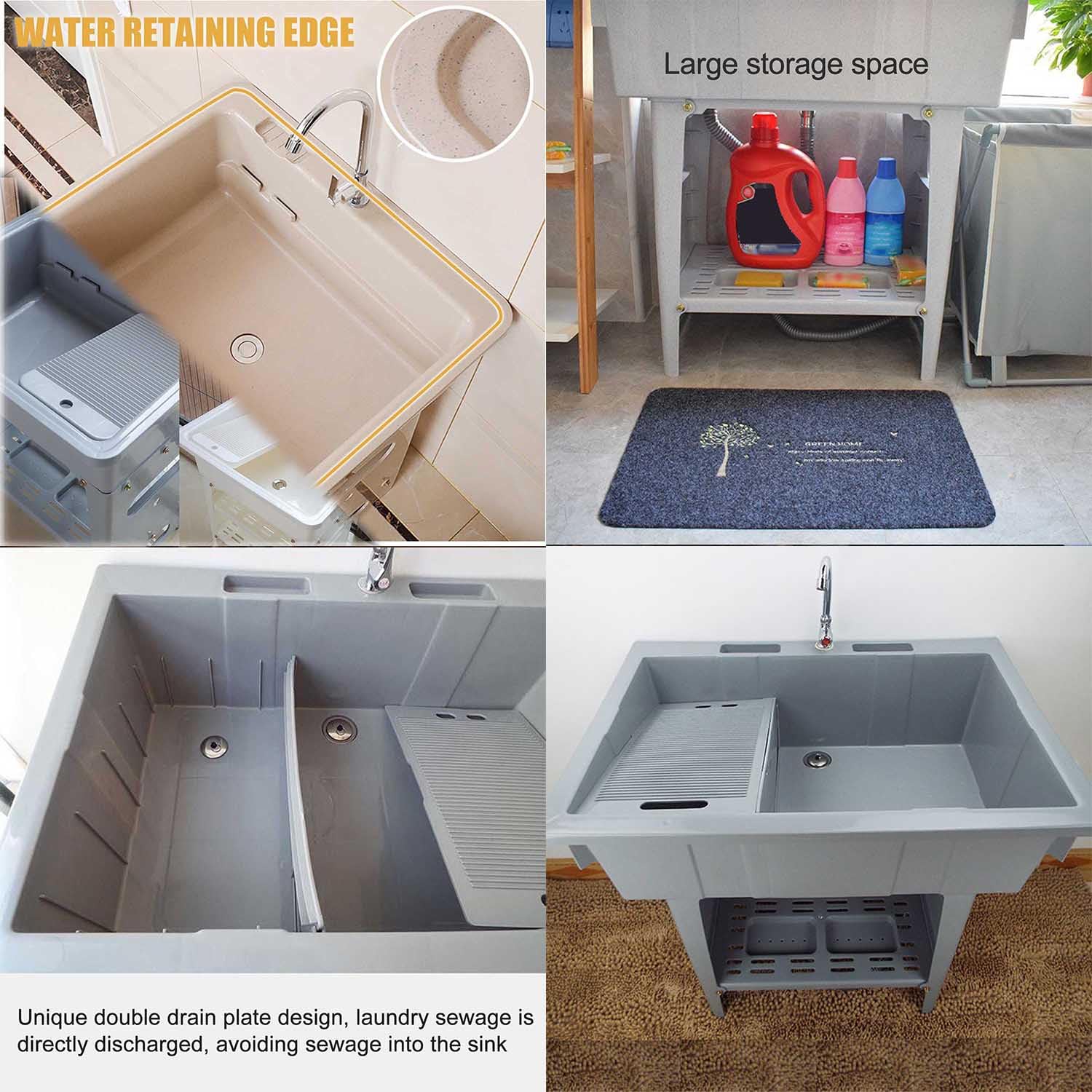 Évier à Linge Autoportant avec Robinet, Évier Utilitaire en Plastique avec Bac à Laver Et Égouttoir en Acier Inoxydable, pour Buanderie, Garage, sous-Sol, Jardin