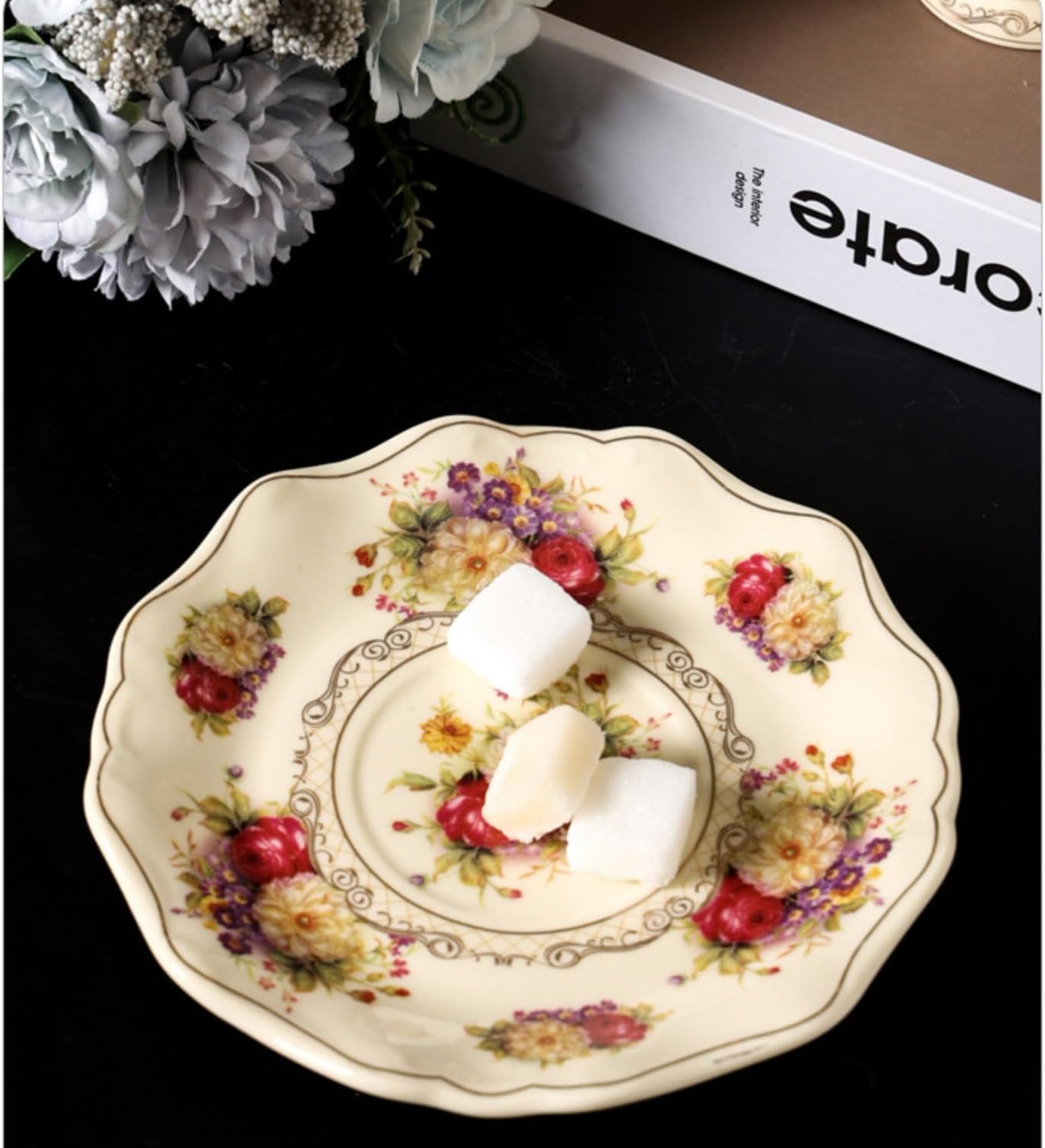 8 oz Vintage flower Ceramic cup and 6" saucer set with Brand customized stainless steel spoon Gifts for Afternoon Tea Coffee Hour (F) - Image 6