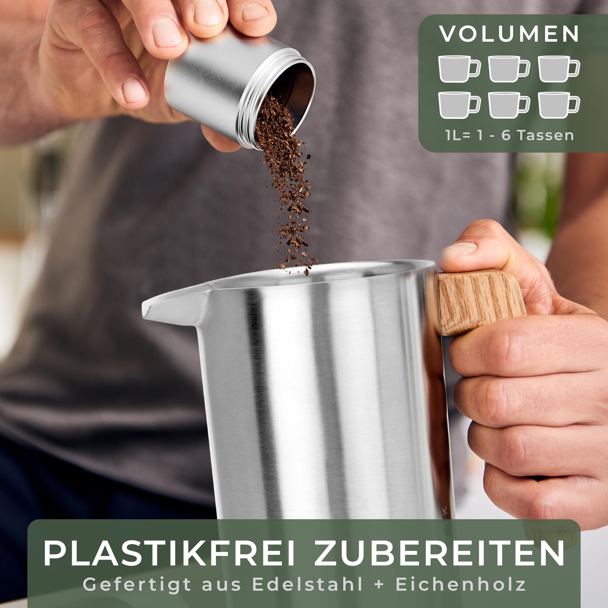 WALDWERK French Press (1L) - Kaffeebereiter aus ​​doppelwandigem Edelstahl mit Holzgriff aus Eichenholz - plastikfreier Kaffeezubereiter