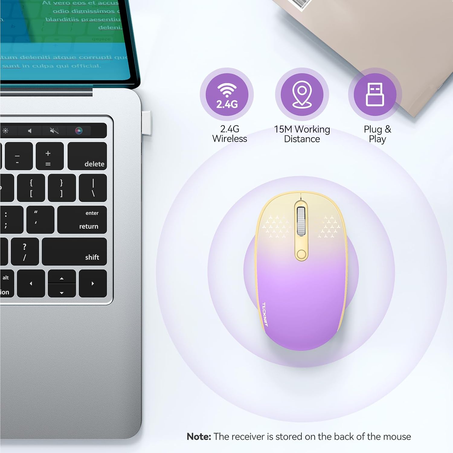 tecknet wireless mouse, 2.4g quiet computer mouse with usb receiver, 4 buttons portable cordless mice for chromebook, laptop, pc, mac, 800/1200/1600 dpi - pink-yellow gradient