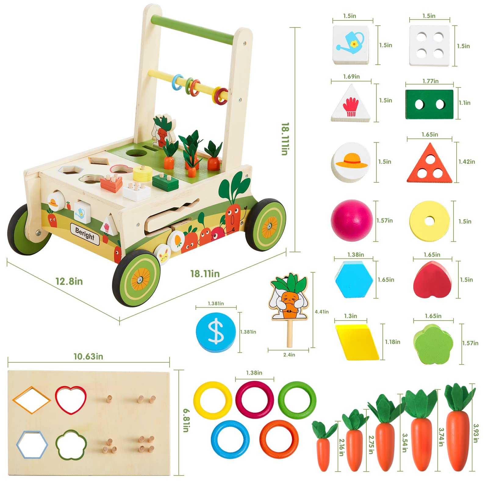 Beright 12-in-1 Wooden Baby Walker, Toddler Activity Center Toys, Wooden Baby Push and Pull Toys, Baby Push Walker, Multiple Play, Develops Motor Skills & Stimulates Creativity, Upgraded