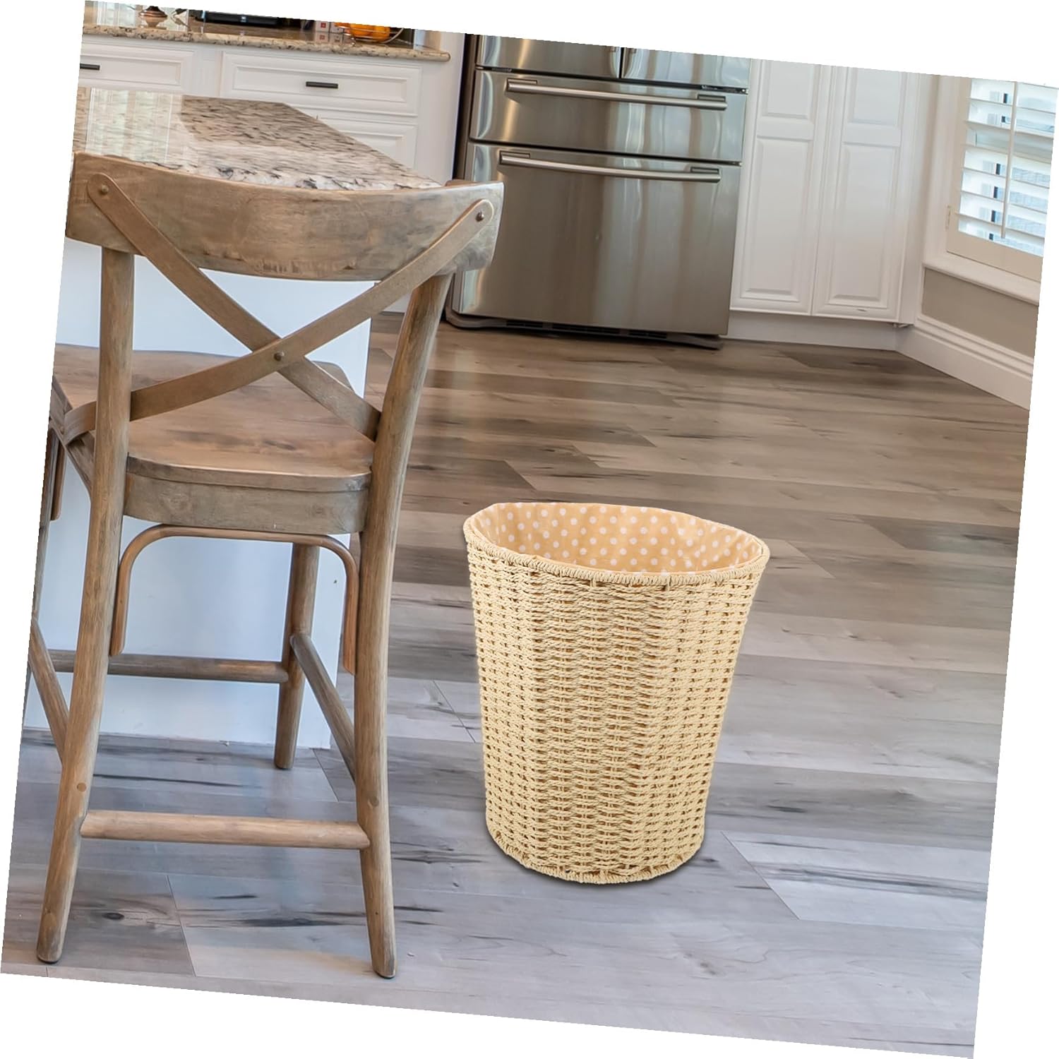 Rattan Trash Can Woven Storage Basket with Liner Beige Sturdy Litter Bin for Kitchen Bedroom Living Room Home Organization Random Style