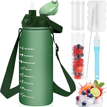 KETIEE Water Bottle 2L, 2 Litre Sports Bottle BPA Free with Adjustable Shoulder Strap & Straw & Fruit Infuser, Leak Proof Motivational Drinking Bottle Gym with Time Marking, Green