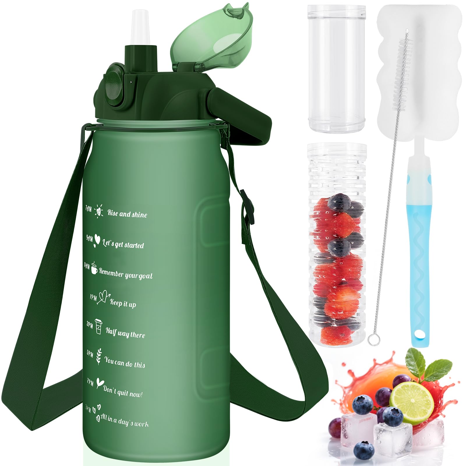 KETIEE Water Bottle 2L, 2 Litre Sports Bottle BPA Free with Adjustable Shoulder Strap & Straw & Fruit Infuser, Leak Proof Motivational Drinking Bottle Gym with Time Marking, Green