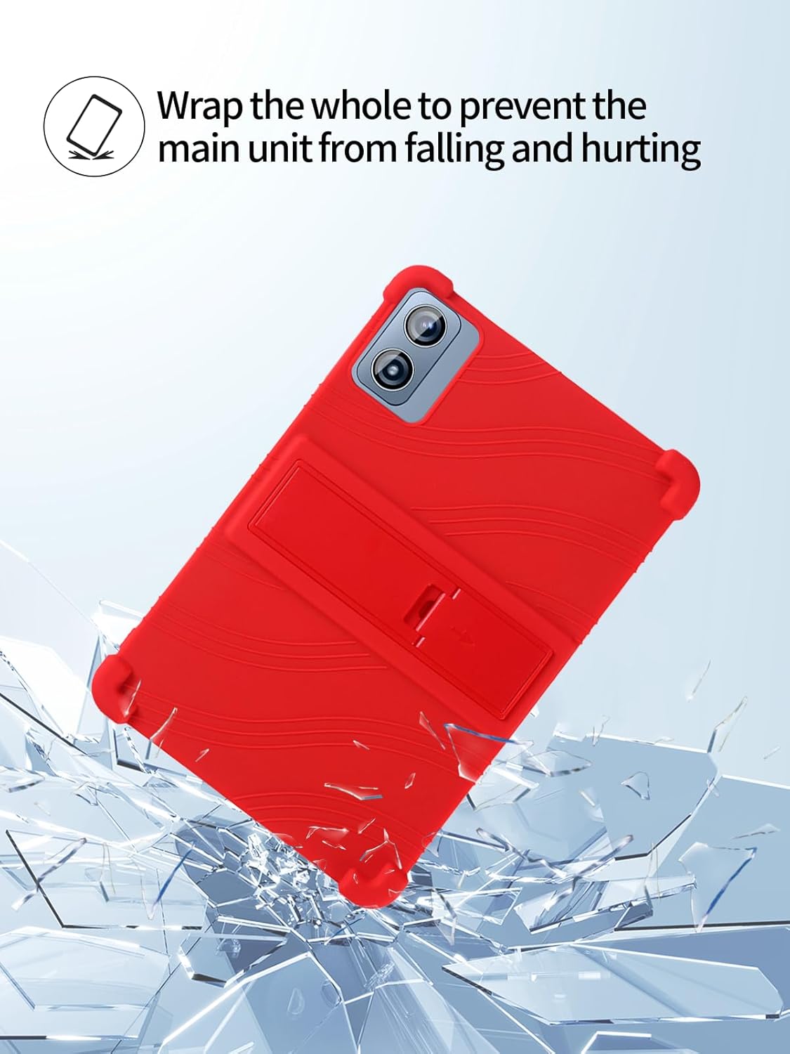 Image showing the tablet case protecting a tablet from a fall, with shattered glass effect.
