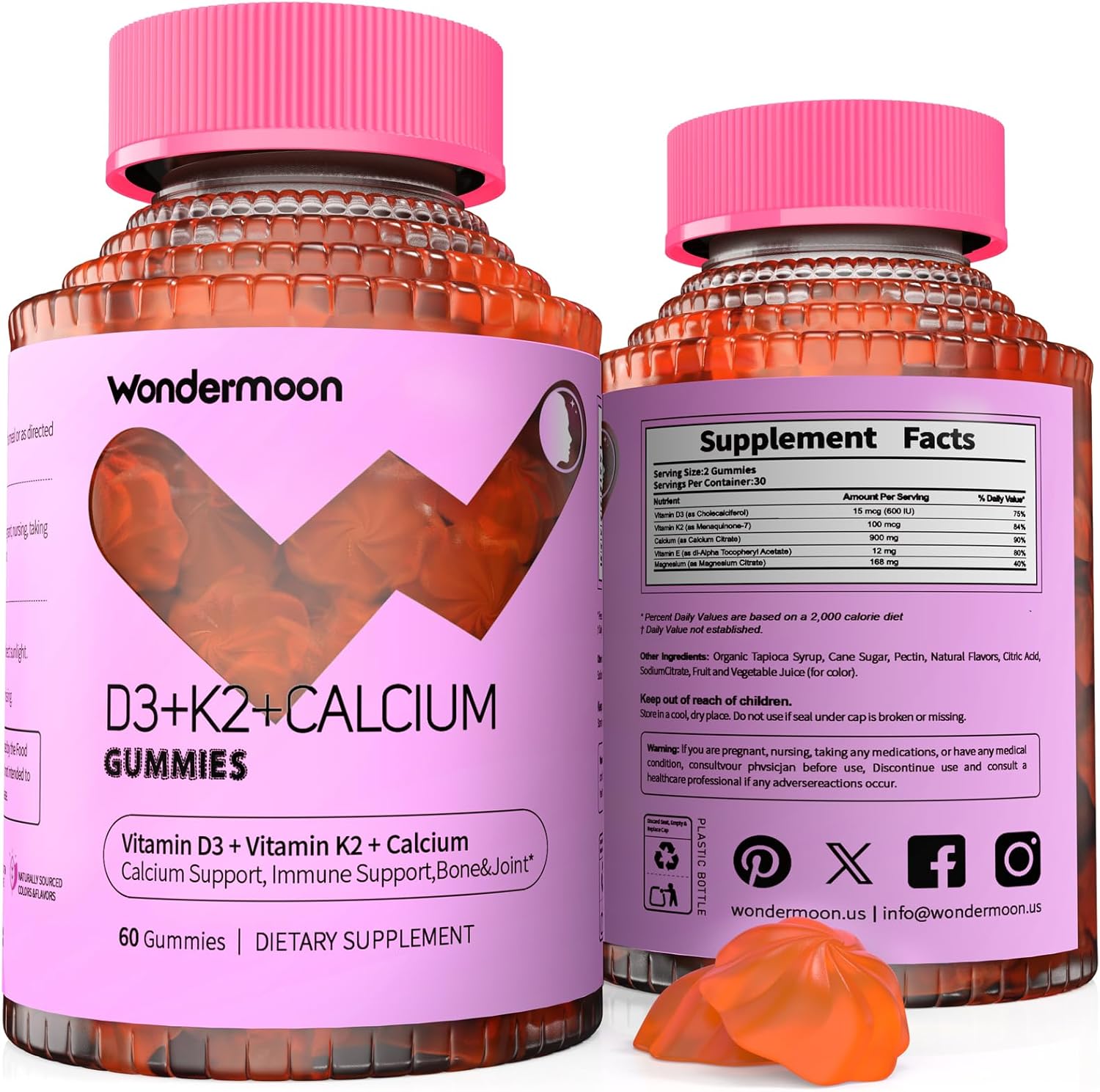 Wondermoon Vitamin D3 K2 Gummies for Women with Calcium & Magnesium – Supports Bone, Teeth & Muscle Function – Daily Wellness Support – Orange Flavor, 60 Count