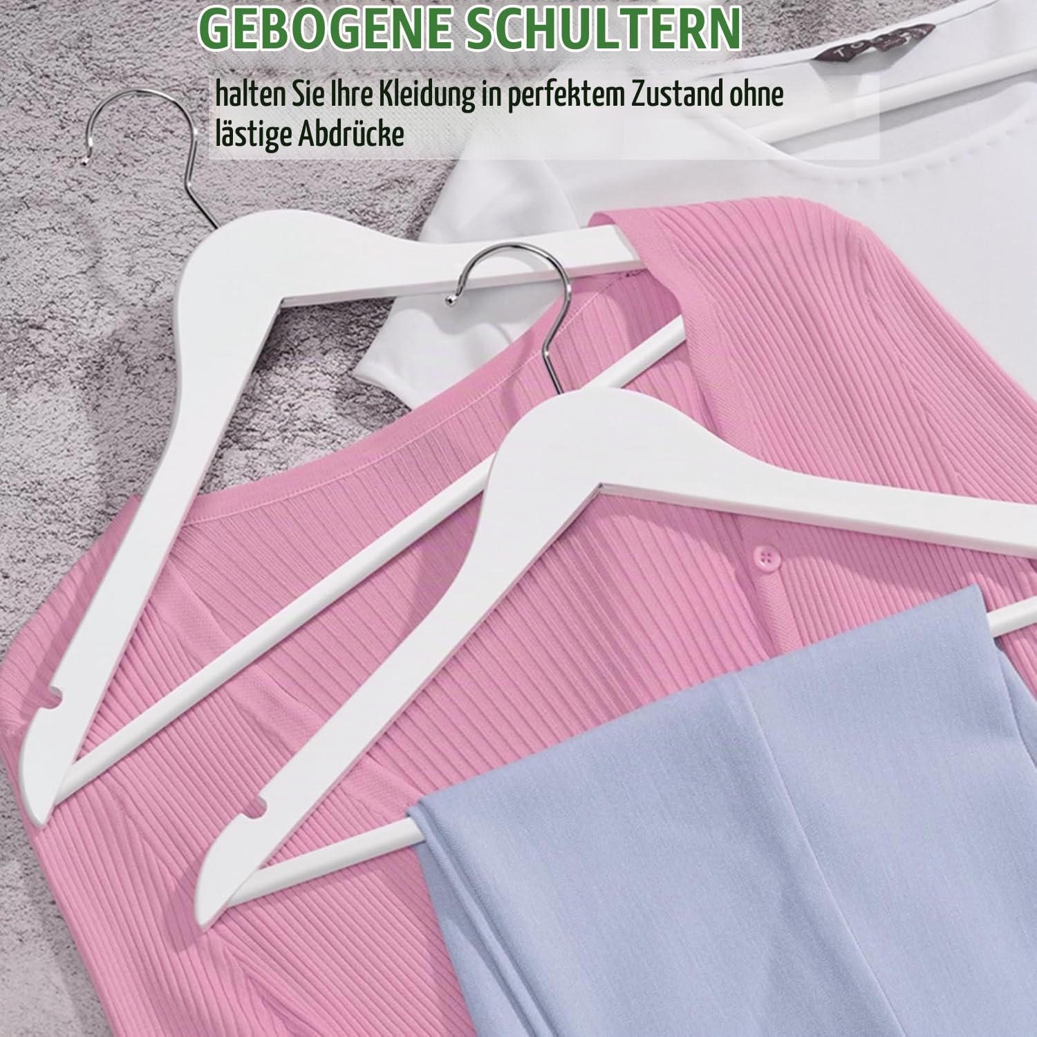 Amber Home 20 Stück 44,5cm Kleiderbügel aus Holz, Weiß | Rutschfest Stange für Hose, Aufhänger für T-Shirt, Hemd, Anzug, Mantel, Kleid, Trägertop