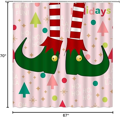 Miniatura 4 de Cortina de ducha de elfo de Navidad, diseño de elfo rojo, verde, patas de gnomo, árbol de Navidad de dibujos animados, divertido invierno,