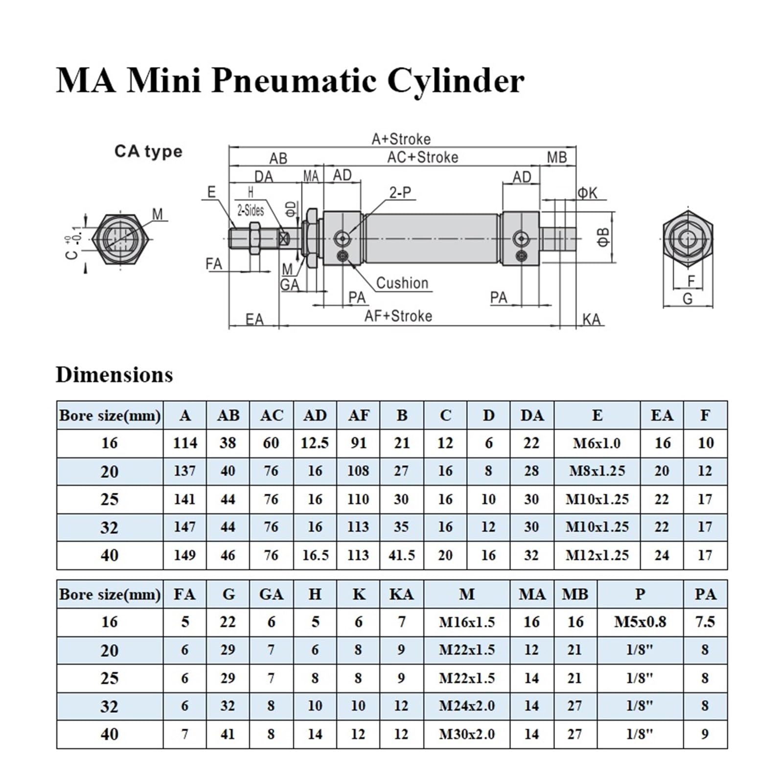 Cilindro neumático mini MA16/20/25/32/40 de acero inoxidable de doble efecto, cilindro de presión de aire de 25 a 500 mm de carrera.(100mm Stroke,25mm Bore)