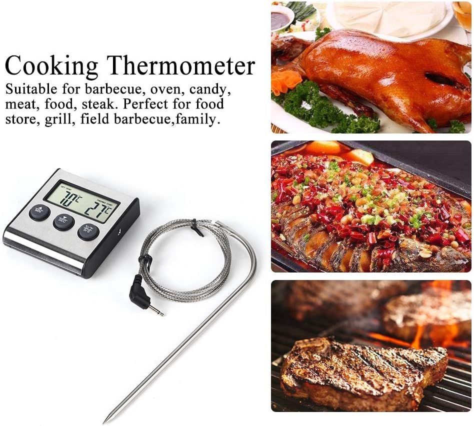 review Digital Meat Thermometer for Cooking and Grilling, Food Thermometer with LCD Display and Timer, Stainless Steel Temperature Probe, Cooking Thermometer for BBQ, Grill, Baking