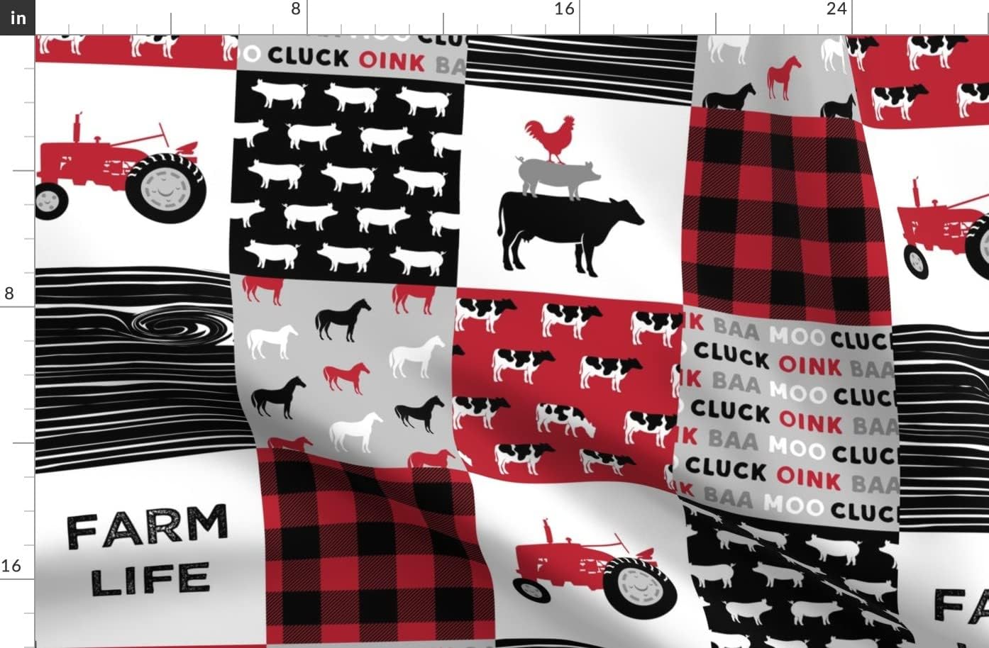 Spoonflower Fabric - Farm Life Farming Nursery Patchwork Cow Tractor Woodgrain Black Red Printed on Organic Cotton Sateen Fabric by The Yard - Sewing Quilting Apparel Home Decor