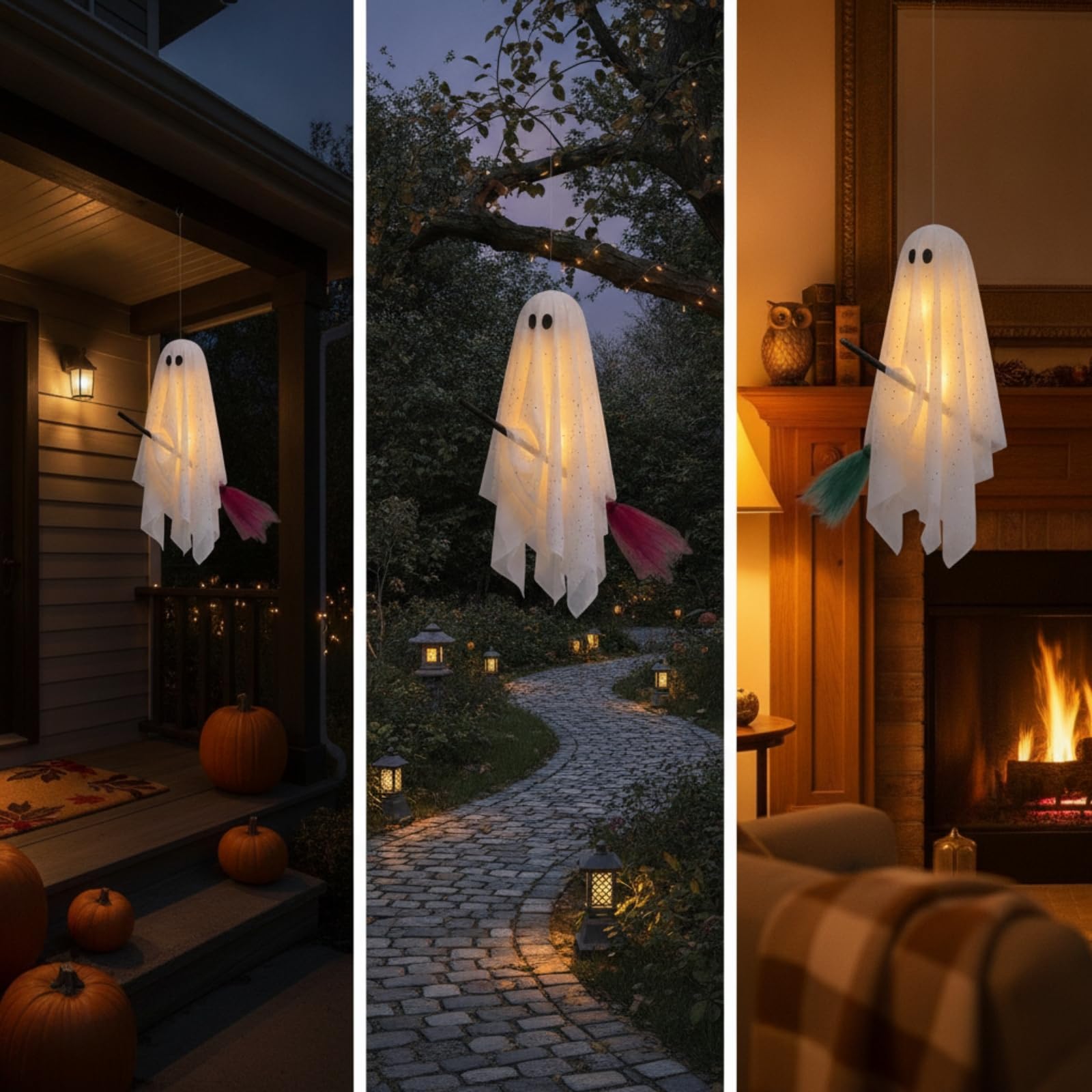 3 Pezzi con Scopa Leggero a Bottone Incluse, Sospeso, Effetto Luminoso Spettrale, Ornamento, per Casa Sgata