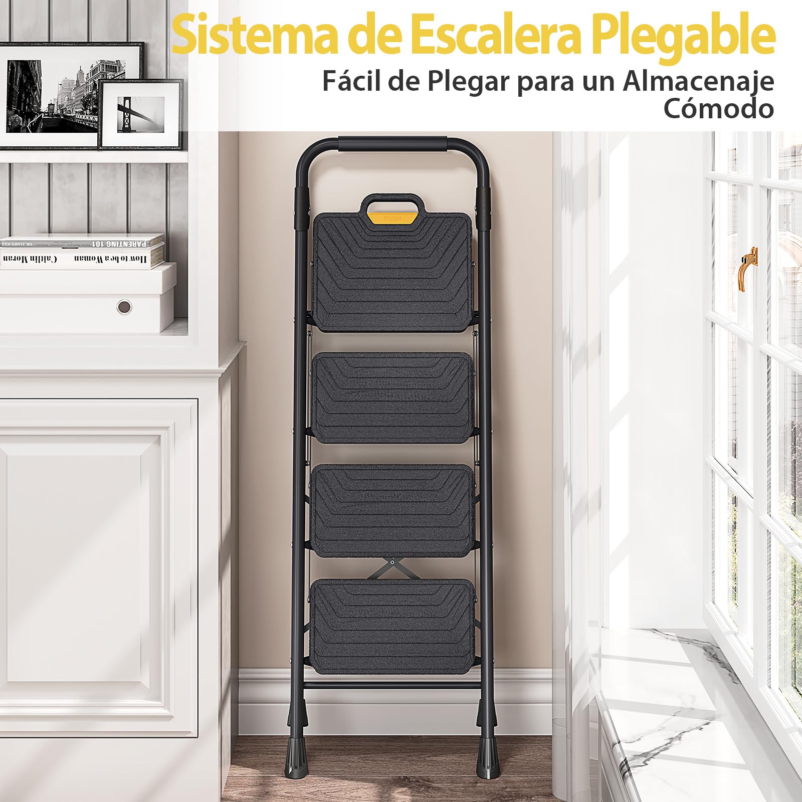 KINGRACK Escalera de 4 escalones, Taburete de Acero Resistente con Pedales Anchos Antideslizantes, pasamanos, diseño de Bloqueo Seguro, Prueba de Carga de 800 Libras, Escalera portátil Plegable para