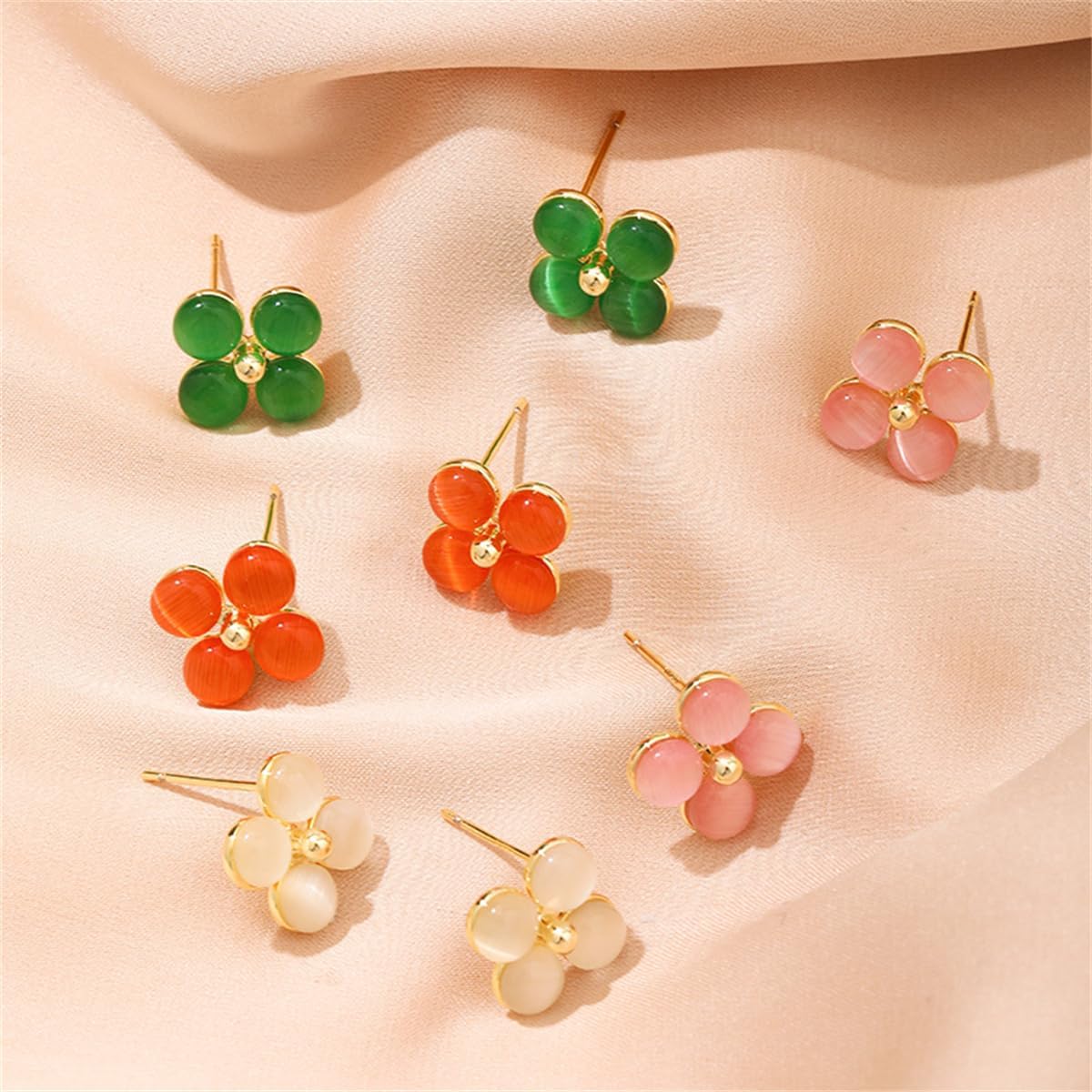 Cute Clover Leaf Stud Earrings for Women 925 Sterling Silver 14K Gold-Toned Cat Eye's Shamrock Flower Studs Opal Round 4 Leaf Petal Floral Earring Dainty Jewelry for Mother Sister - Image 5