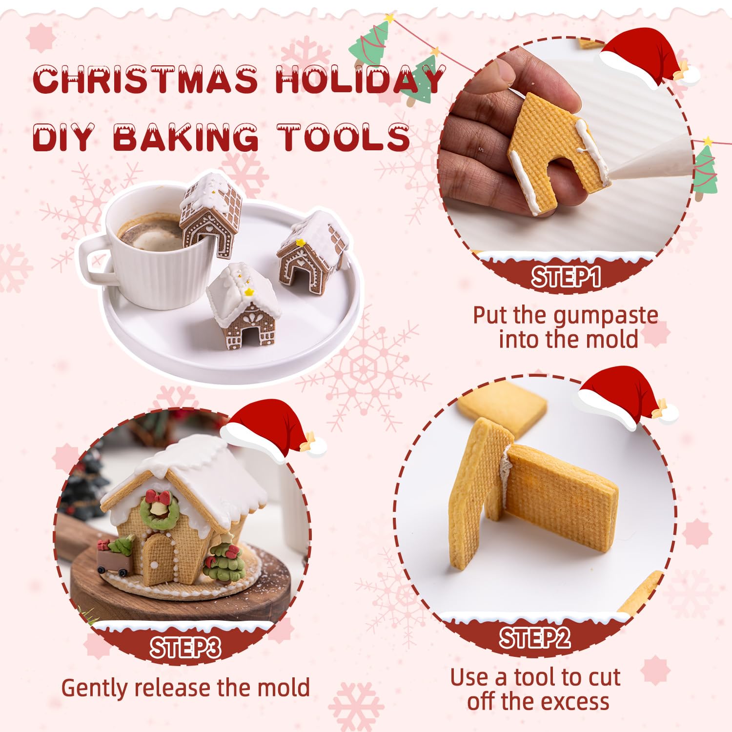 KALAIEN Cortadores de galletas de casa de jengibre, mini taza de Navidad 3D, cortador de galletas de jengibre para hornear, 1 kit de casa de jengibre