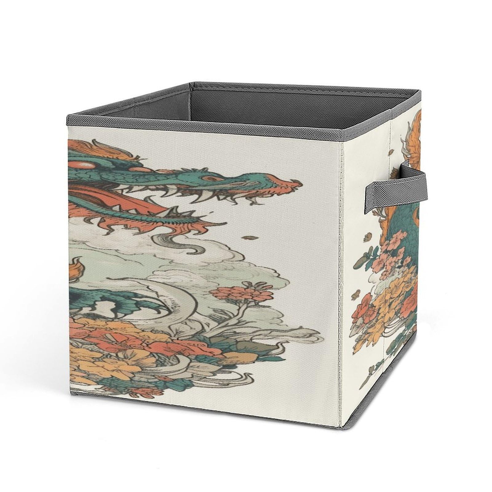 Fodpand Style Flowers And Dragons Storage Cubes Foldable Decorative Fabric, Storage Bins Baskets With Handles, Closet Organizers And Storage For Home, Office,Closet, Clothes