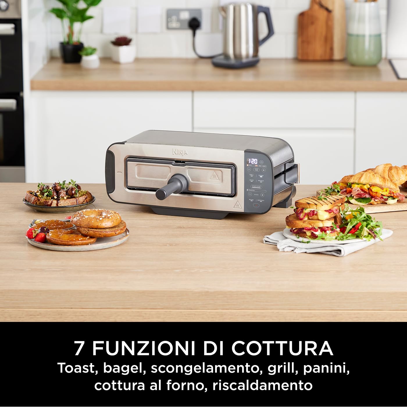 Ninja Foodi 3-in-1 Tostapane, con Griglia e Pressa per Panini, 7 Funzioni di Cottura, 7 Livelli di Tostatura, Include Teglia e Vassoio Raccogli Briciole, Acciaio Inox ST202EU