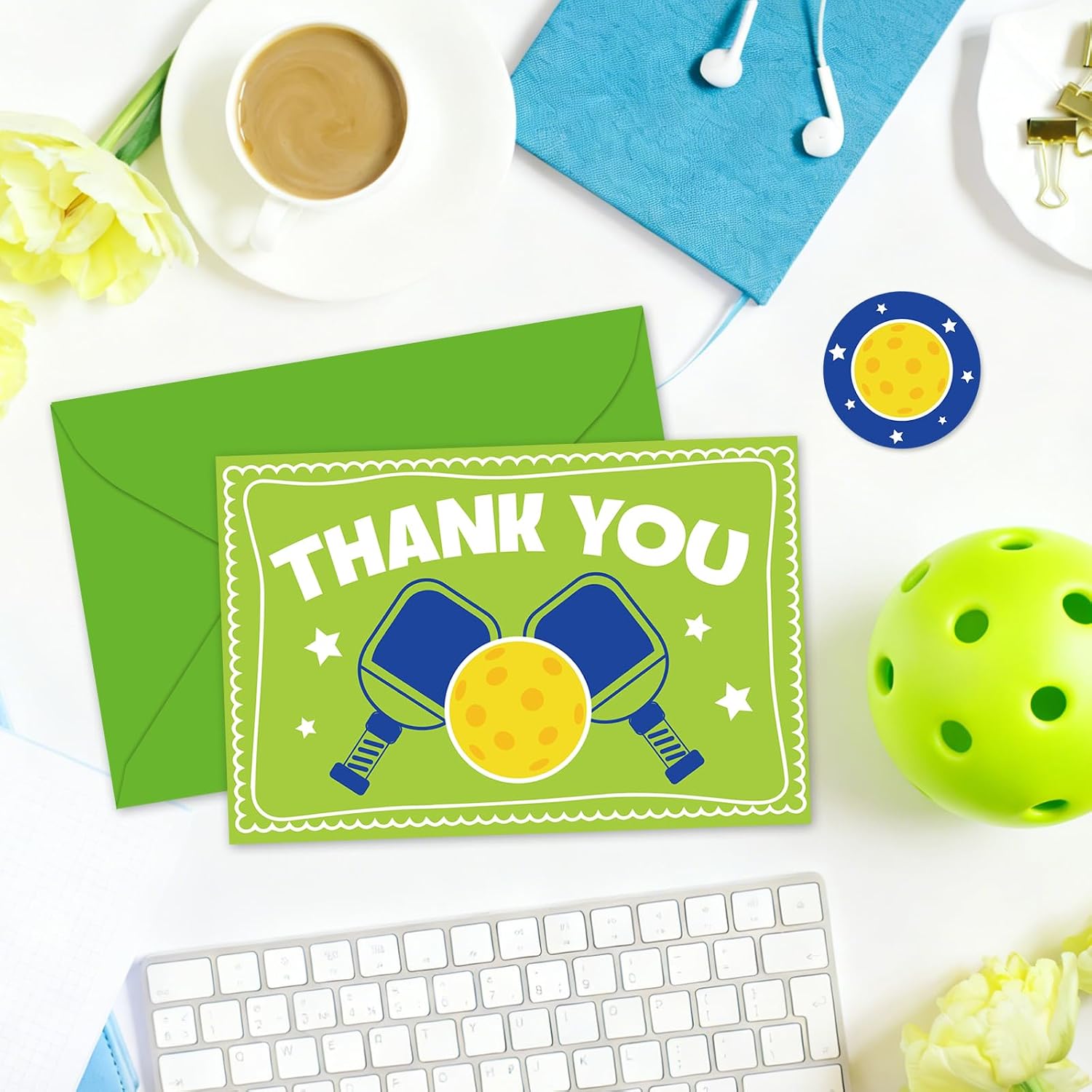 JarThenaAMCS 24 Pack Pickleball Thank You Cards Blank Greeting Cards With Envelopes Stickers Blue Green Pickleball Note Card for Sport Theme Party Birthday Supplies image 5