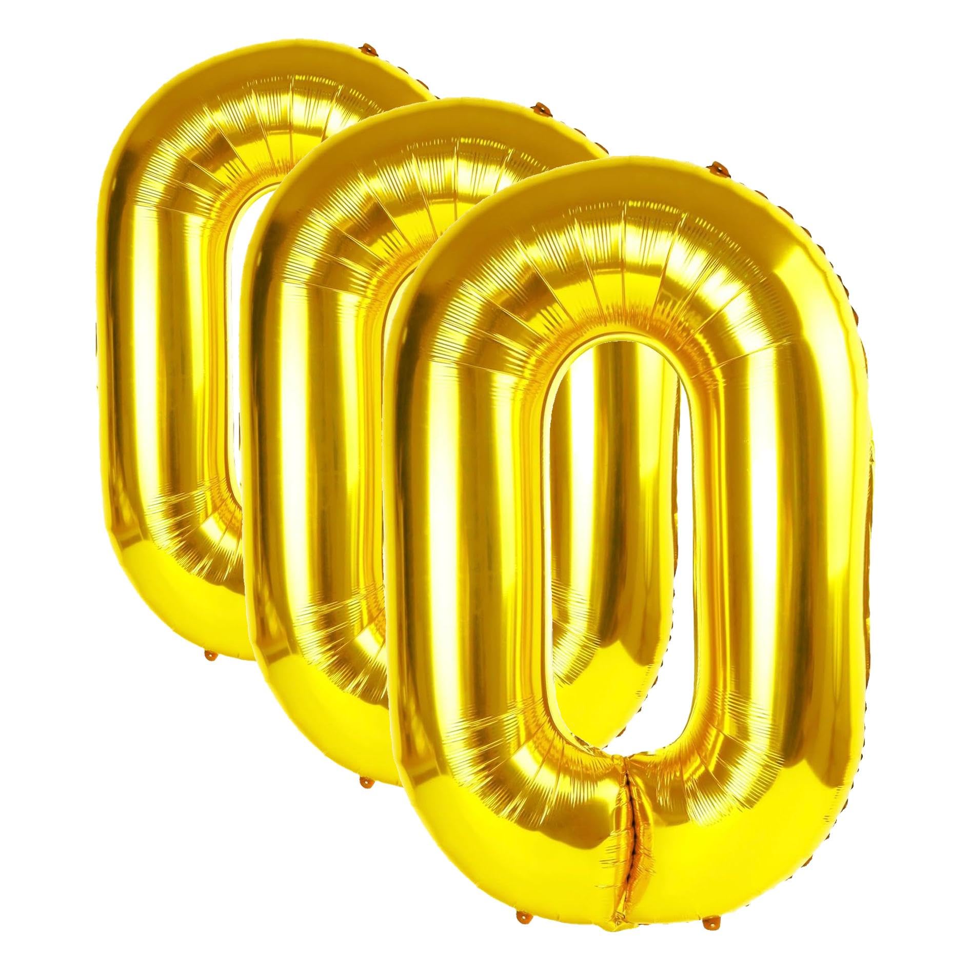 Gold Number Balloon 40 Inch, 0 Number Balloons, 10 20 30 40 50 Numbers Balloon Birthday Decorations, Gold Party Supplies for Women Men (Pack of 3)
