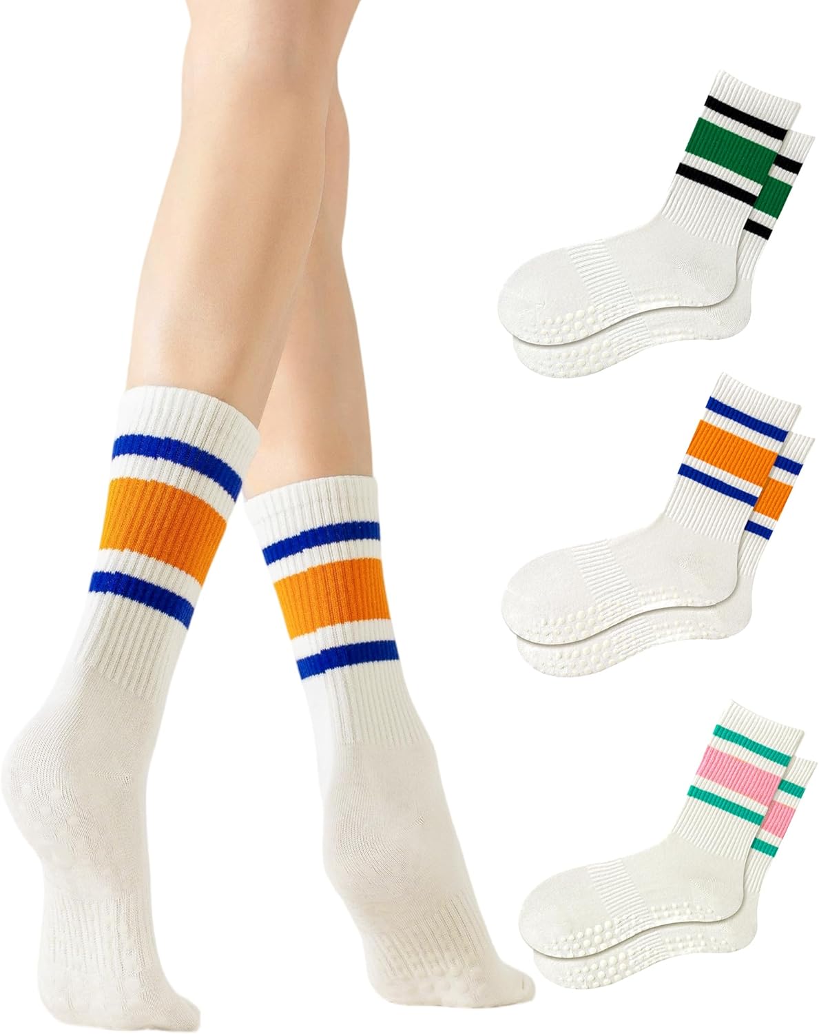Yawlsow 3 Pairs Pilates Grip Socks for Women Yoga Grippy Striped Retro Crew Socks Non Slip Sticky Barre Sock with Grippers